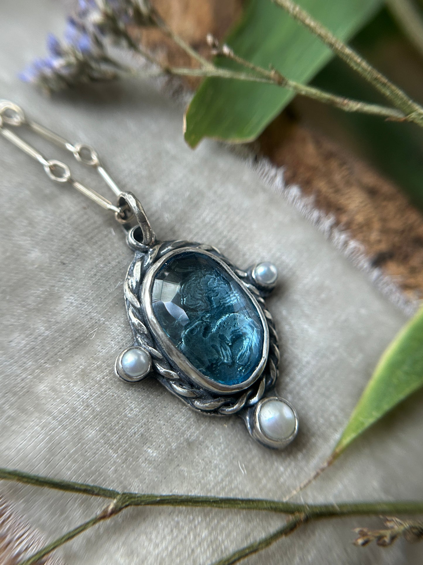 Seaside Selkie under London Blue topaz Necklace- sterling silver jewelry pearl accents