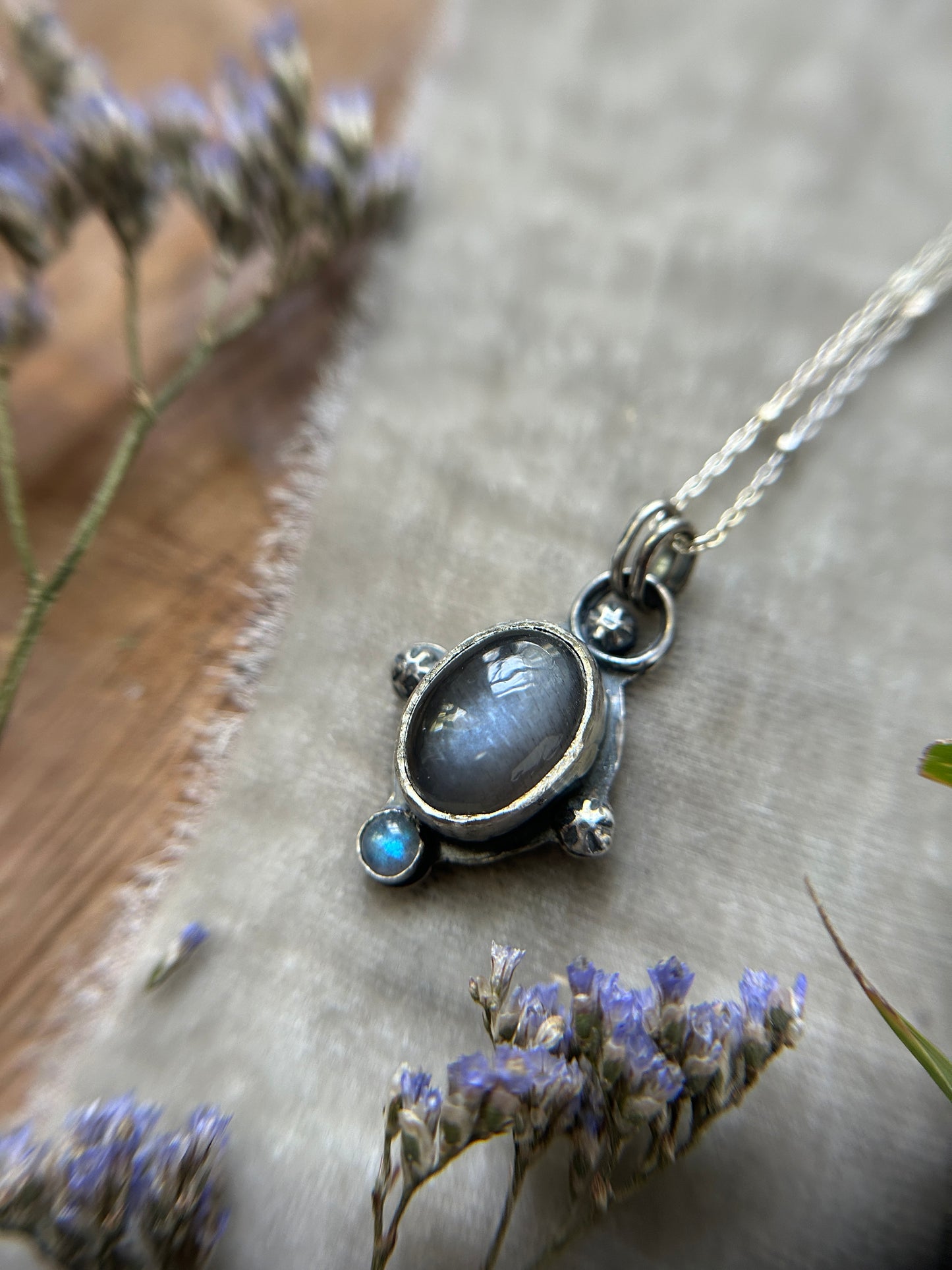 Grey Moonstone with stormy seas selkie back and labradorite necklace- sterling silver jewelry