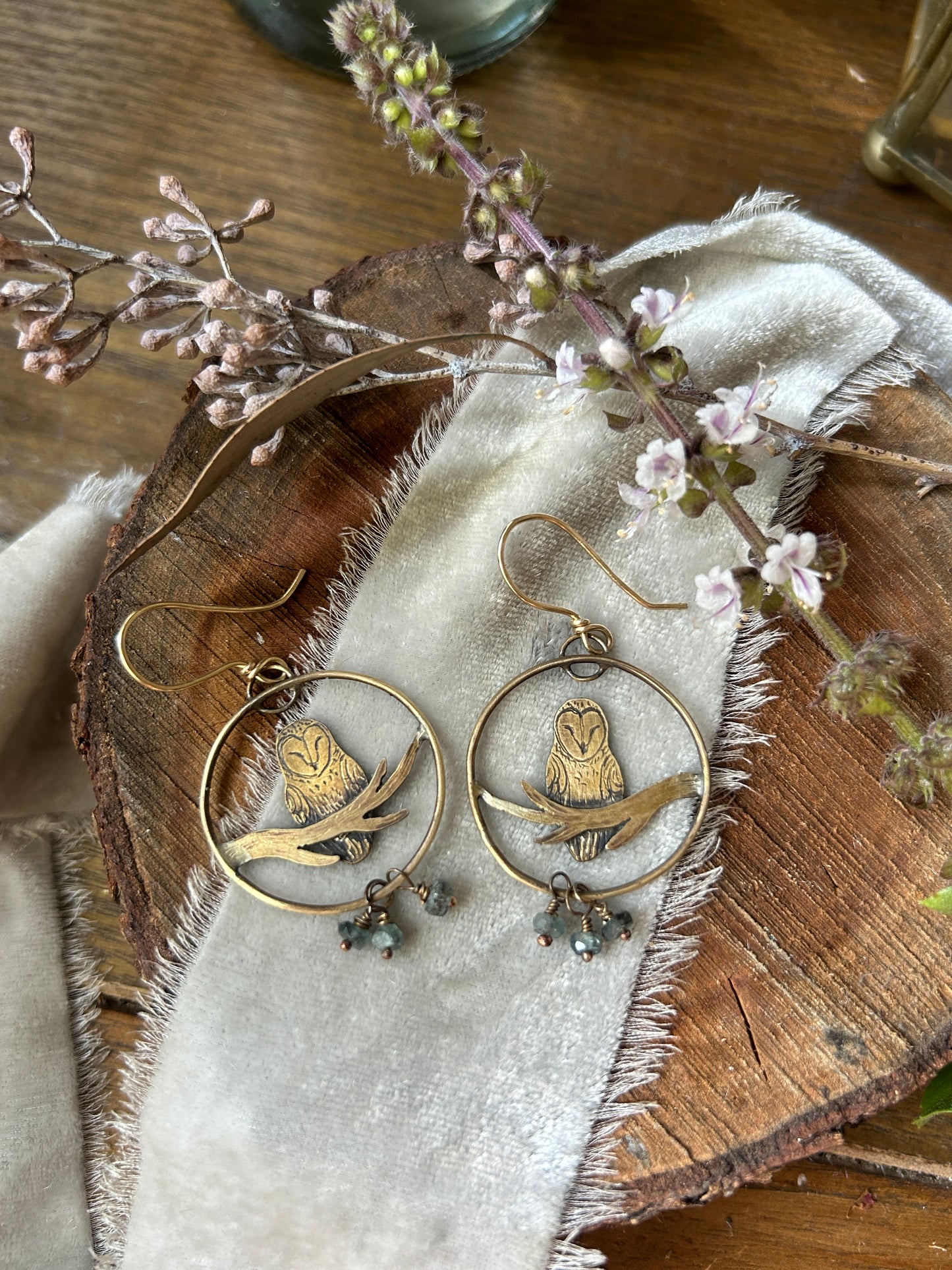 Barn owl earrings Sterling silver  or brass- choice of moss aquamarine, rainbow moonstone or labradorite