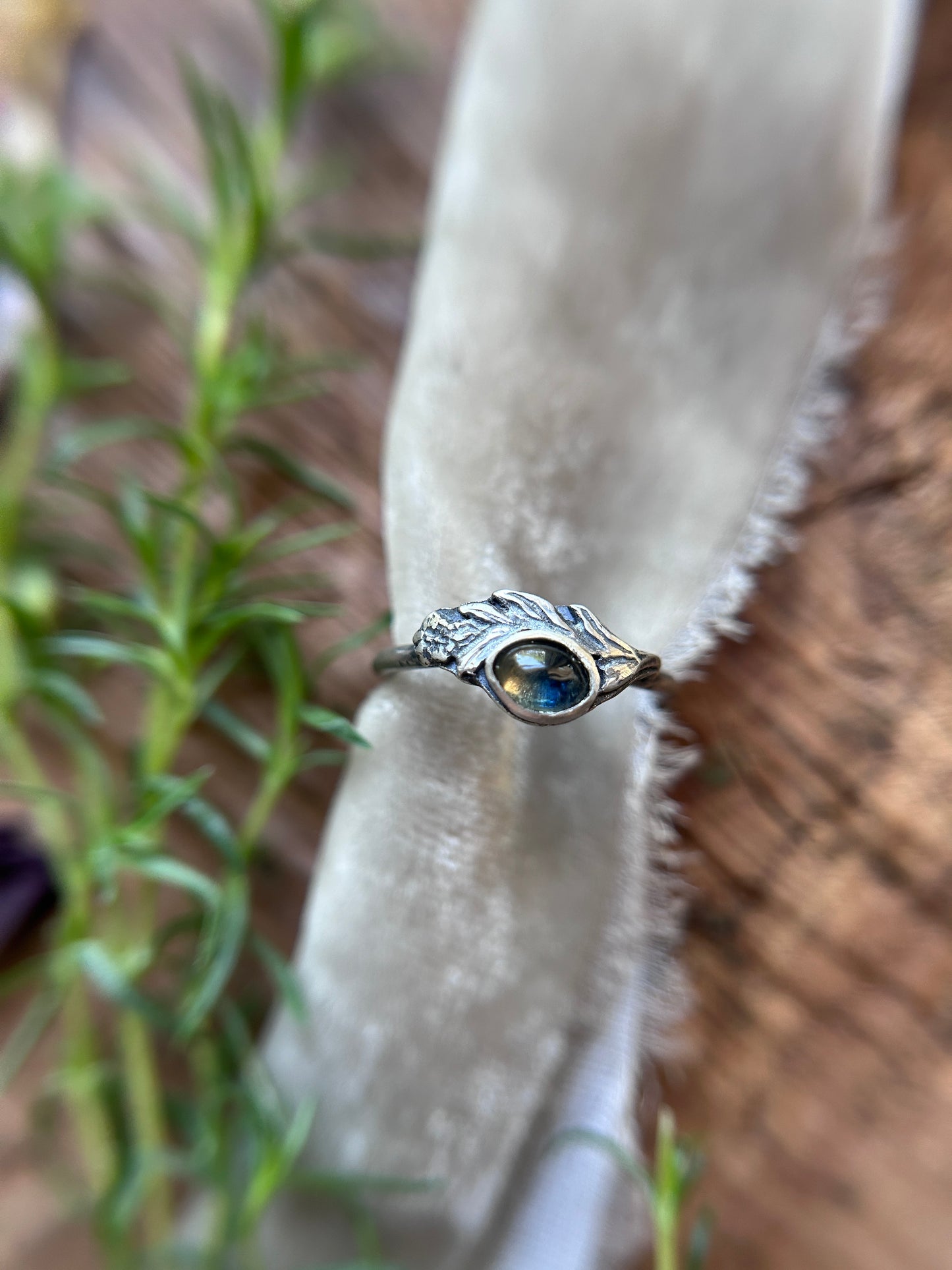 Meadowsweet sprig with songea sapphire ring- Sterling silver jewelry