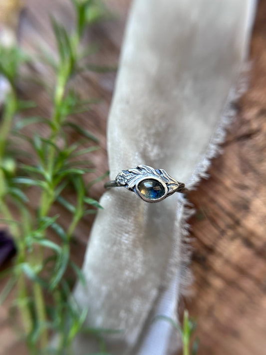Meadowsweet sprig with songea sapphire ring- Sterling silver jewelry