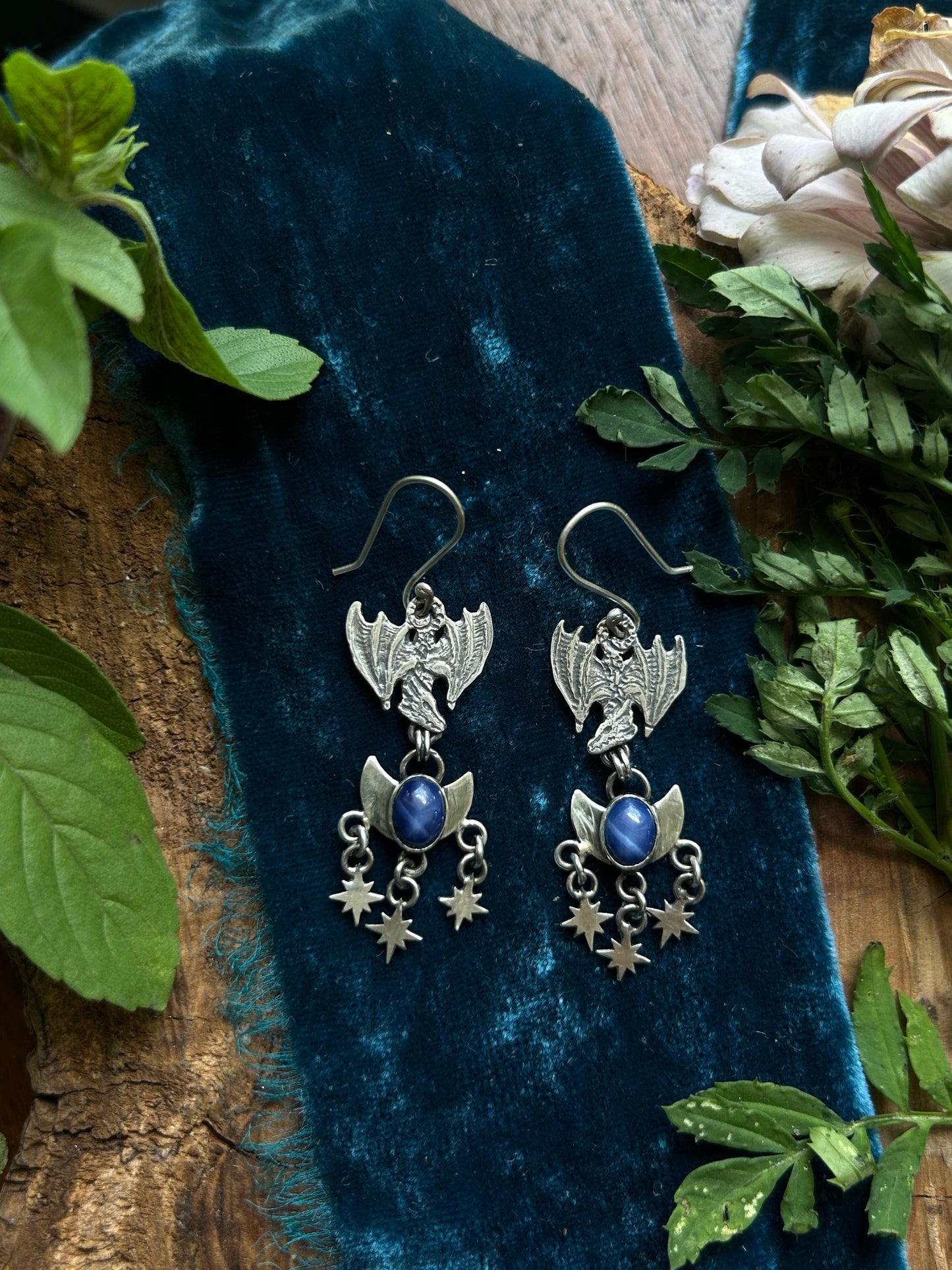Moon and Starlit Dragon Flight Earrings- blue star sapphire - sterling silver jewelry