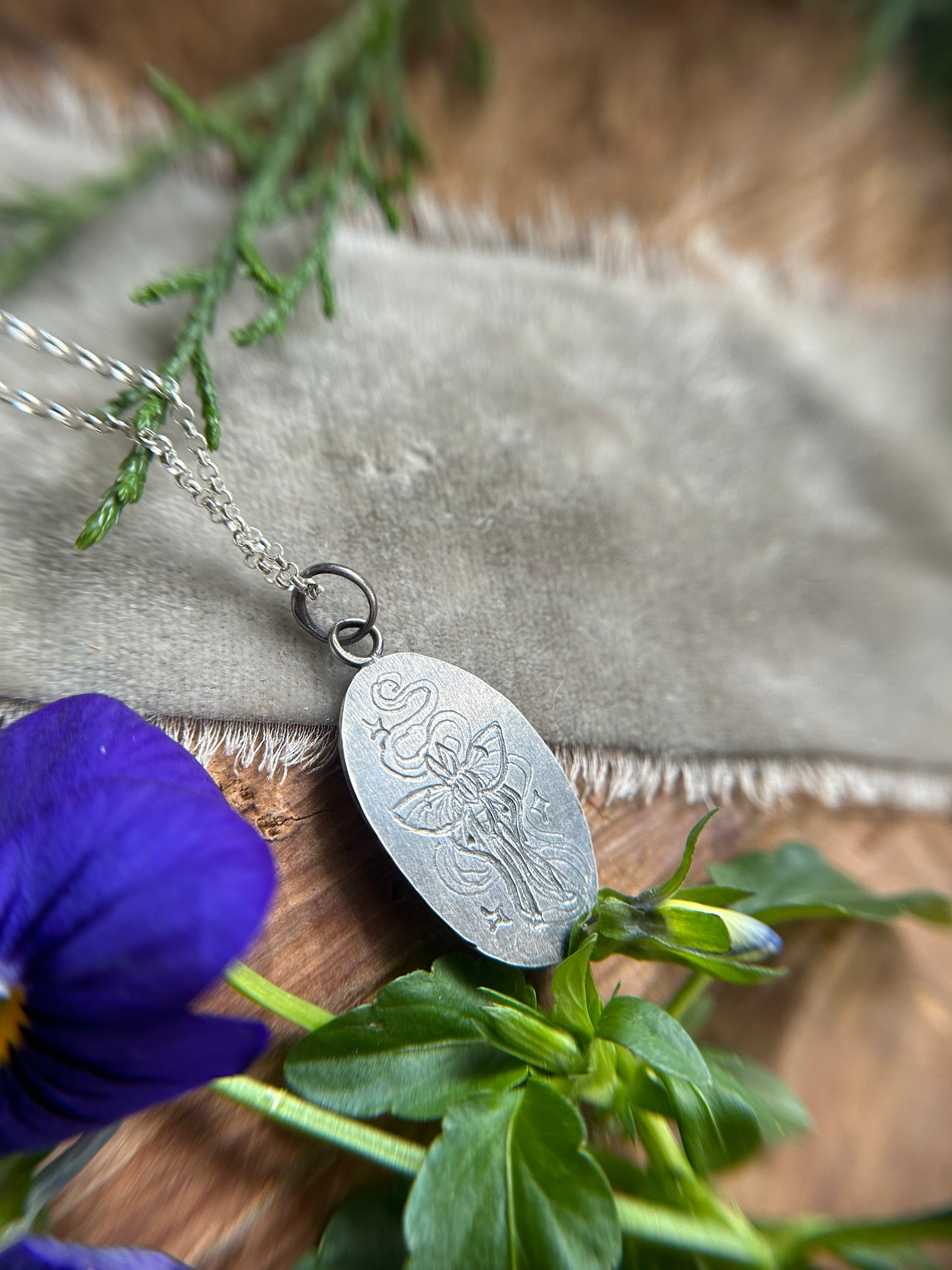 Moonlit Willow Pendant with rainbow moonstone and luna moth back detail