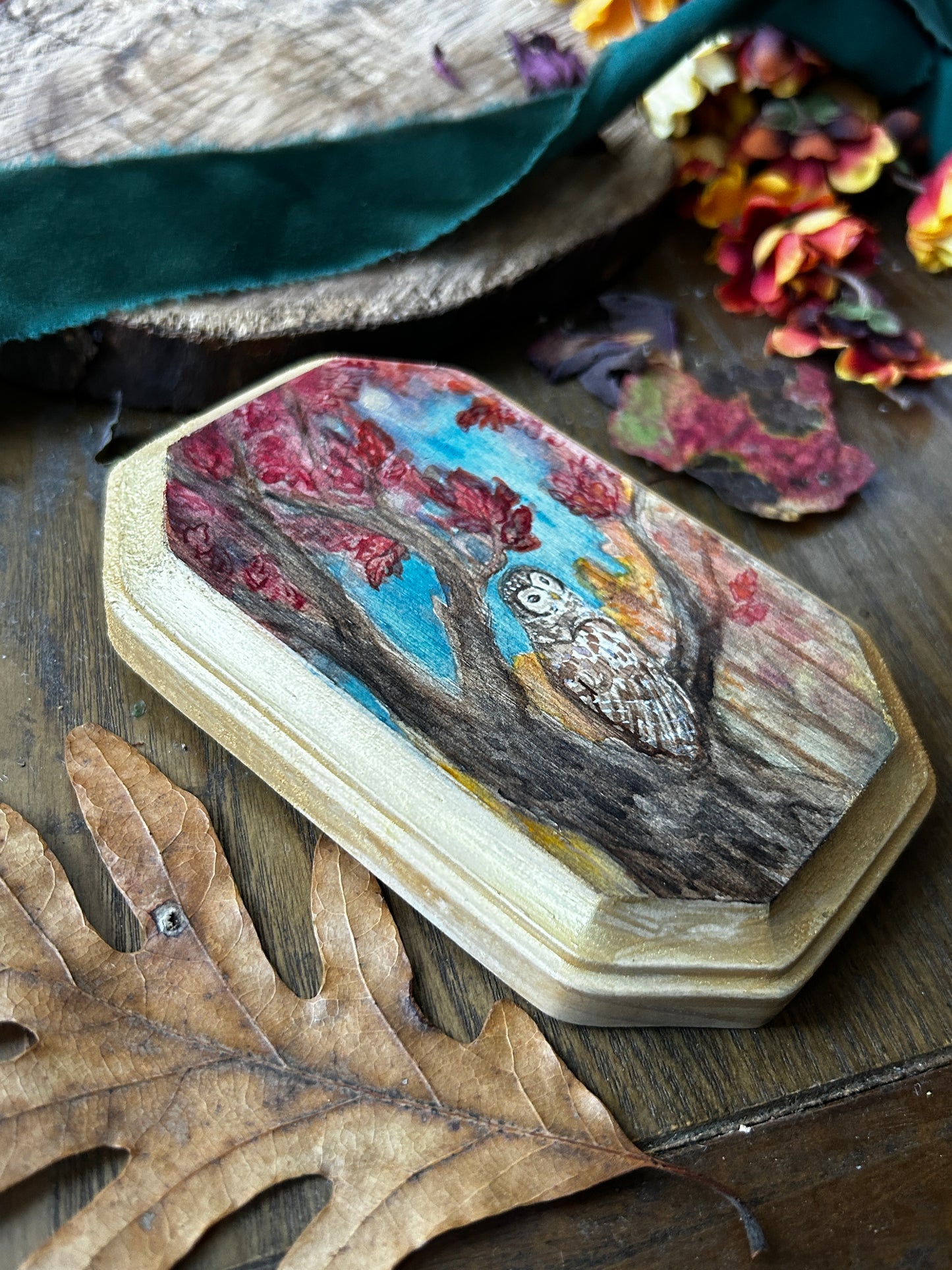 Original miniature watercolor painting on wood- ready to display art- deer fawn, barred owls, crows, autumn forest, goldenrod, blackberry bramble