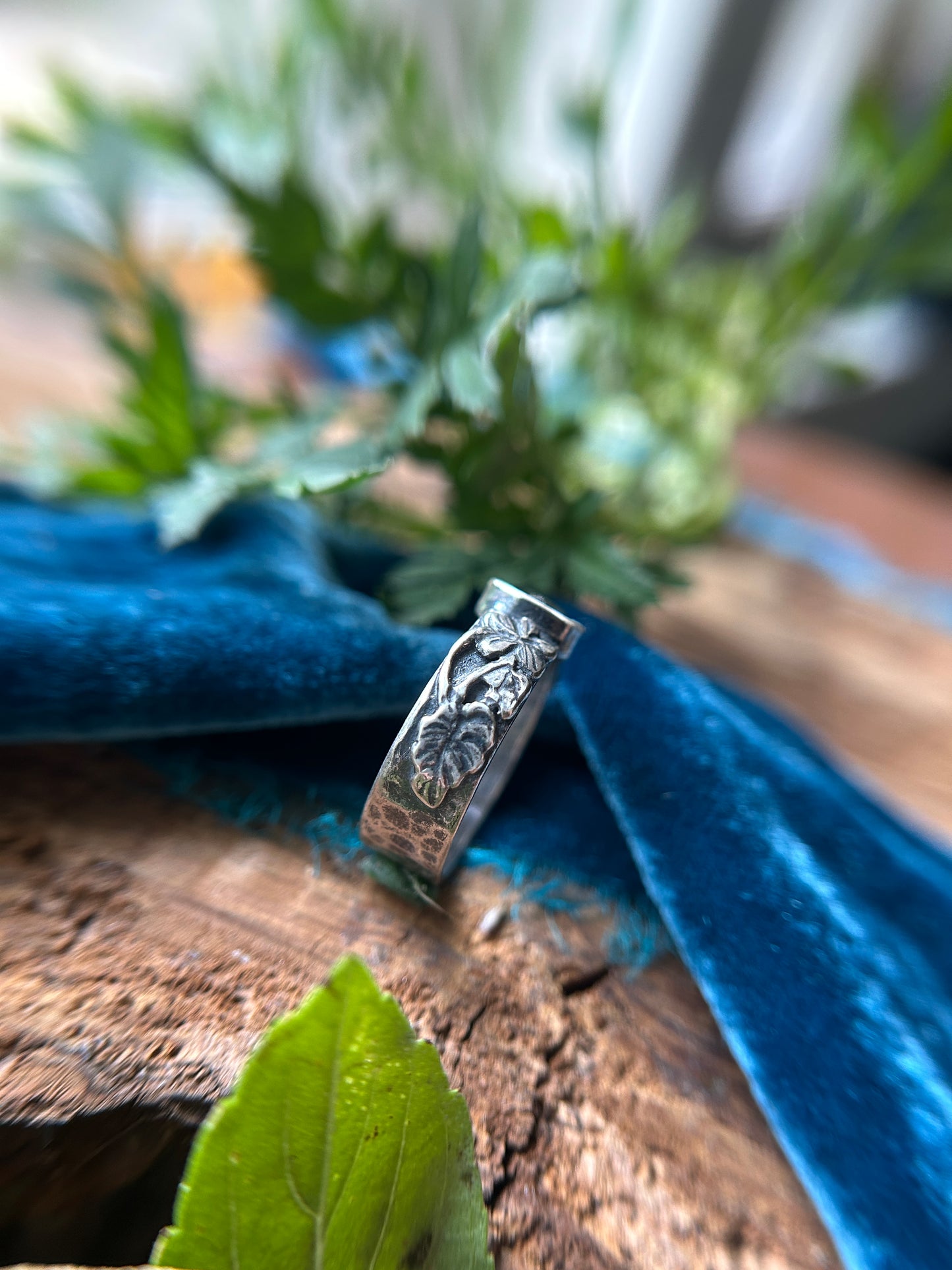Woods Violet and Iolite wide hammered band ring- sterling silver jewelry