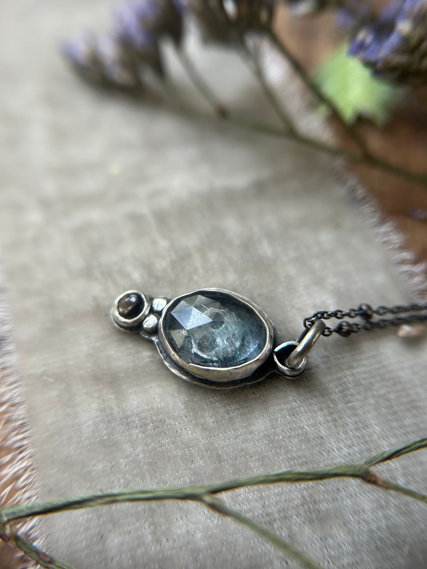 Moss Aquamarine Memento Mori Skull Necklace- sterling silver jewelry