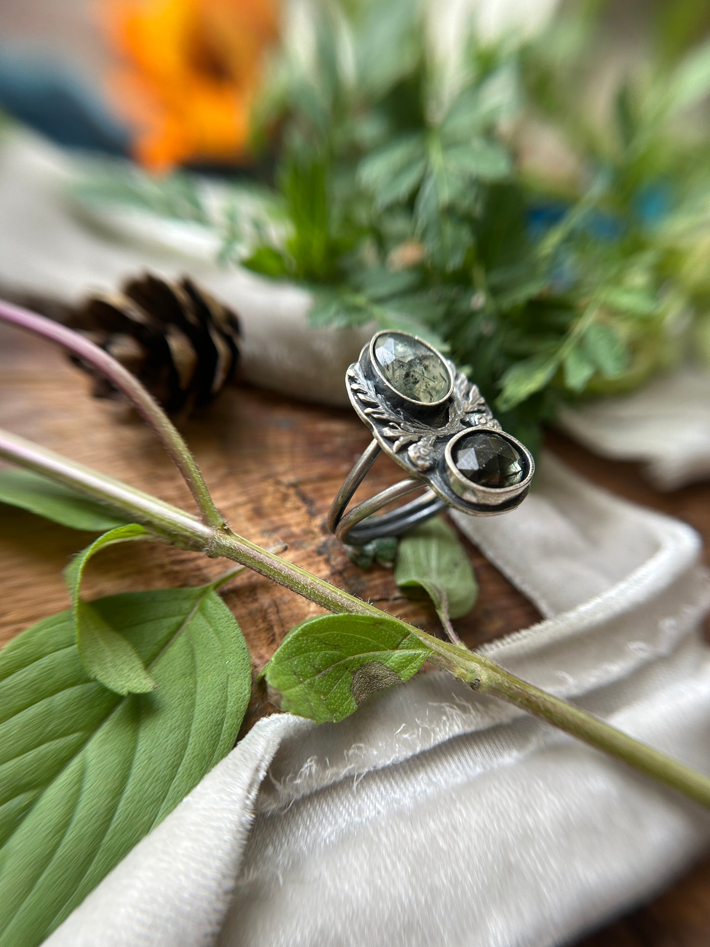 Eastern Hemlock Branches with Prehnite and Peridot ludwigite Ring- sterling silver jewelry