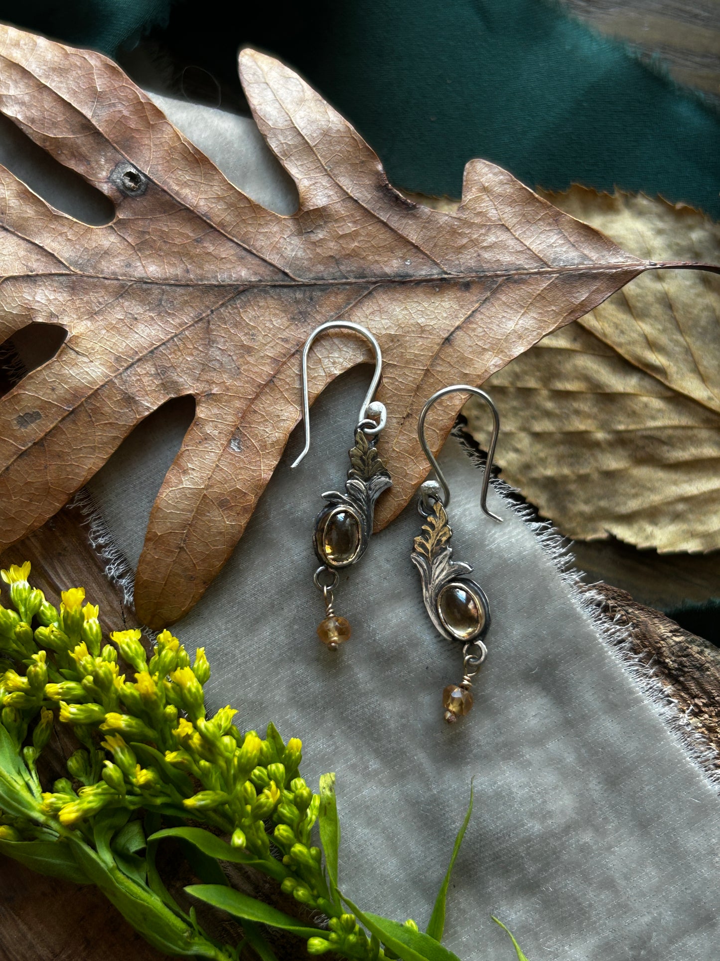 Goldenrod Earrings with Imperial Topaz and Hessonite Garnet- Brass and sterling silver jewelry
