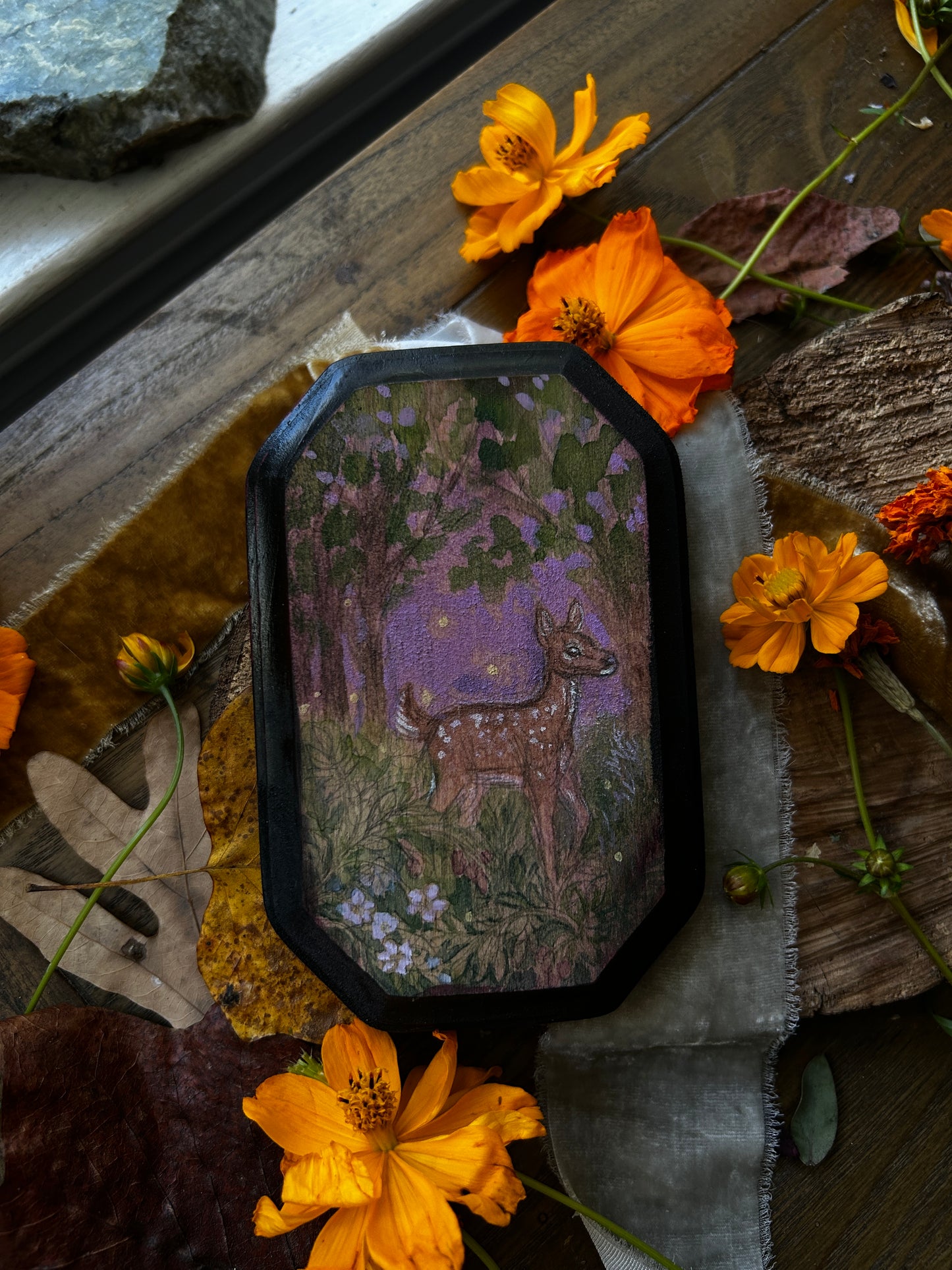 Original miniature watercolor painting on wood- ready to display art- deer fawn, barred owls, crows, autumn forest, goldenrod, blackberry bramble