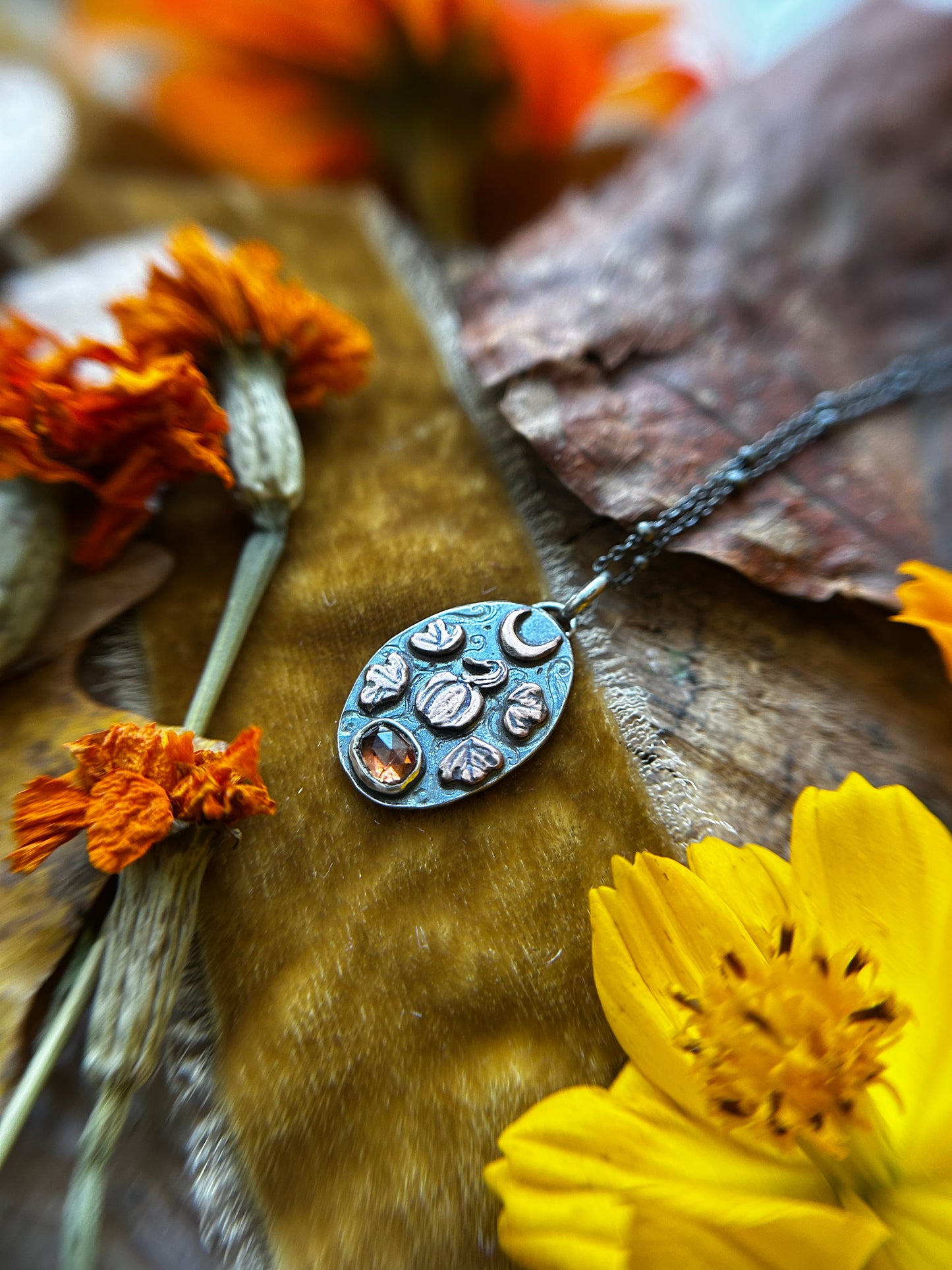 Pumpkin Moon Necklace with zircon- Sterling silver and copper detailed jewelry ready to ship