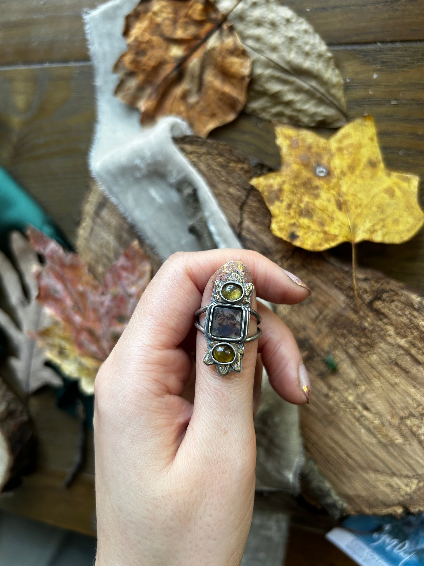 Woodland Maple leaf ring with Dendritic Agate and Tourmaline- sterling silver and brass jewelry