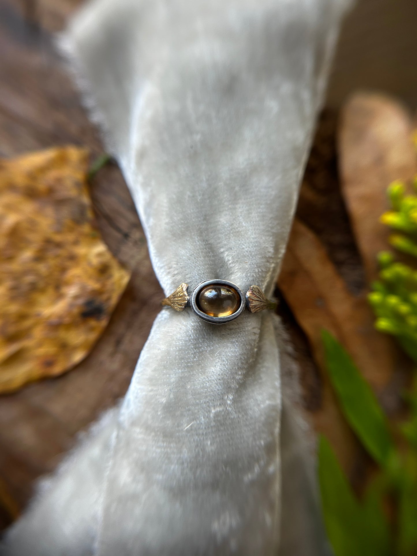 Ginkgo Leaves and Imperial Topaz Ring- sterling silver and brass jewelry