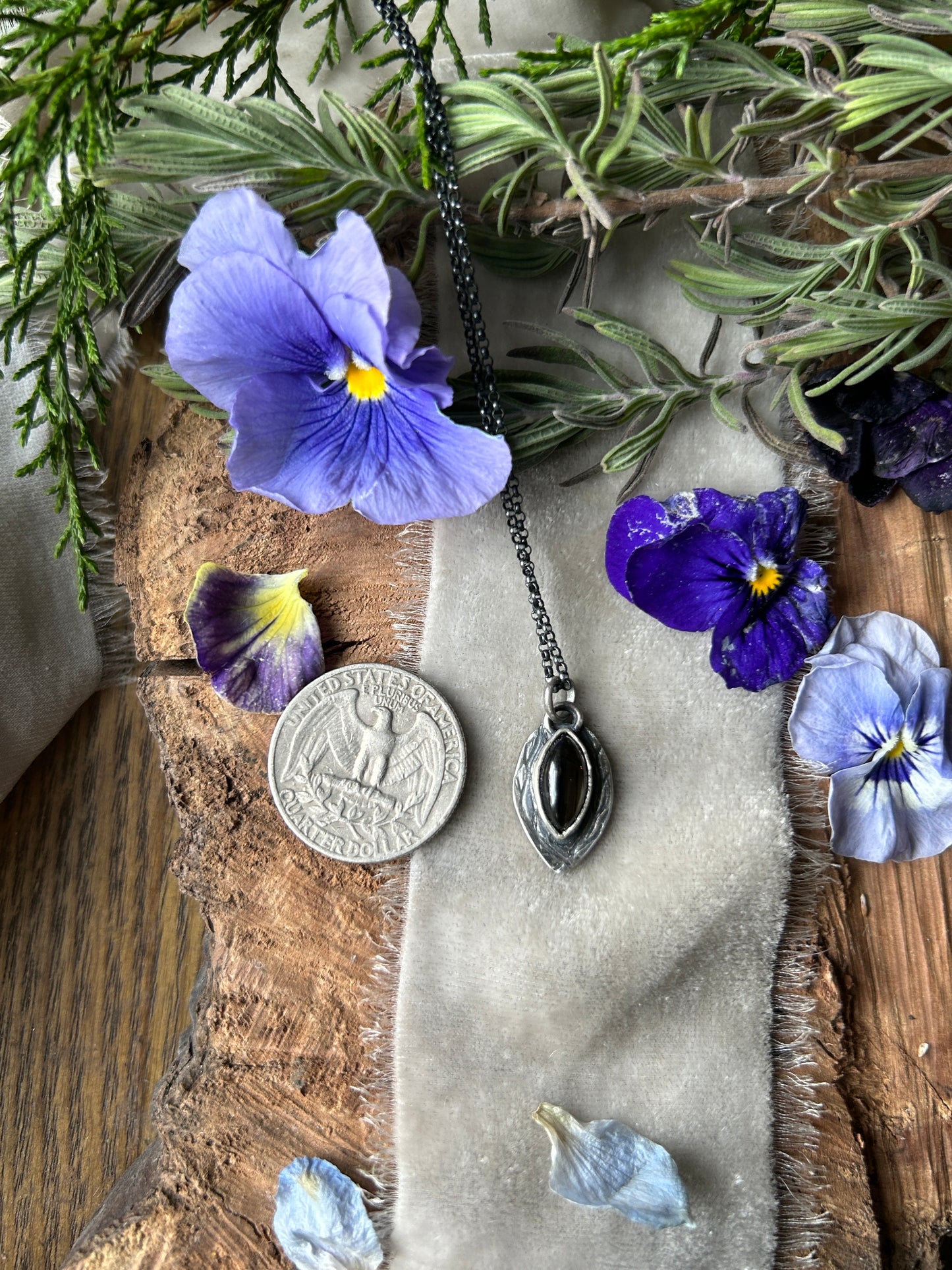 Black Star Sapphire with Woodpecker and Tree Branch Engraved Necklace- sterling silver