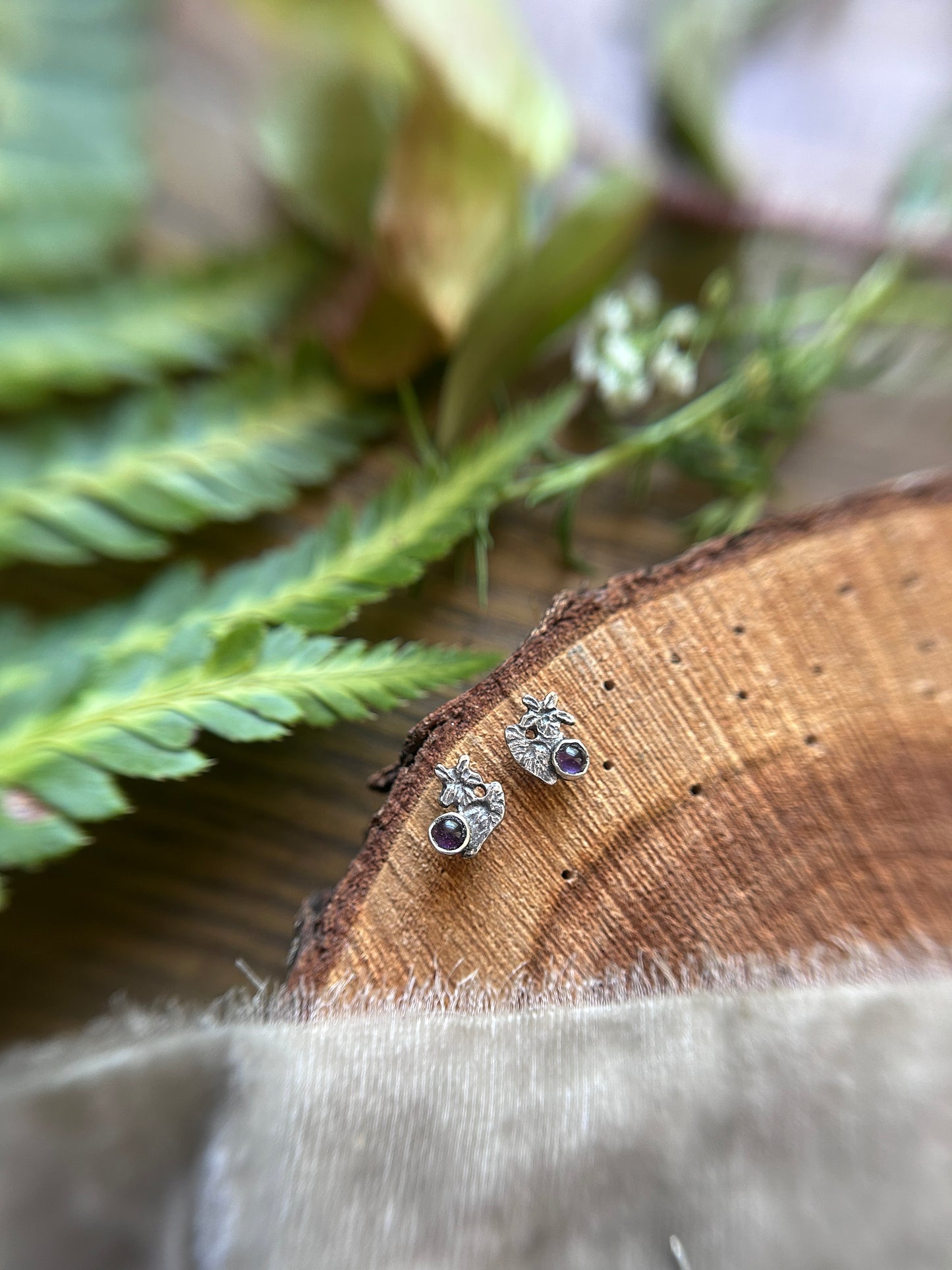 Wild violet post earrings with amethyst- Sterling silver jewelry