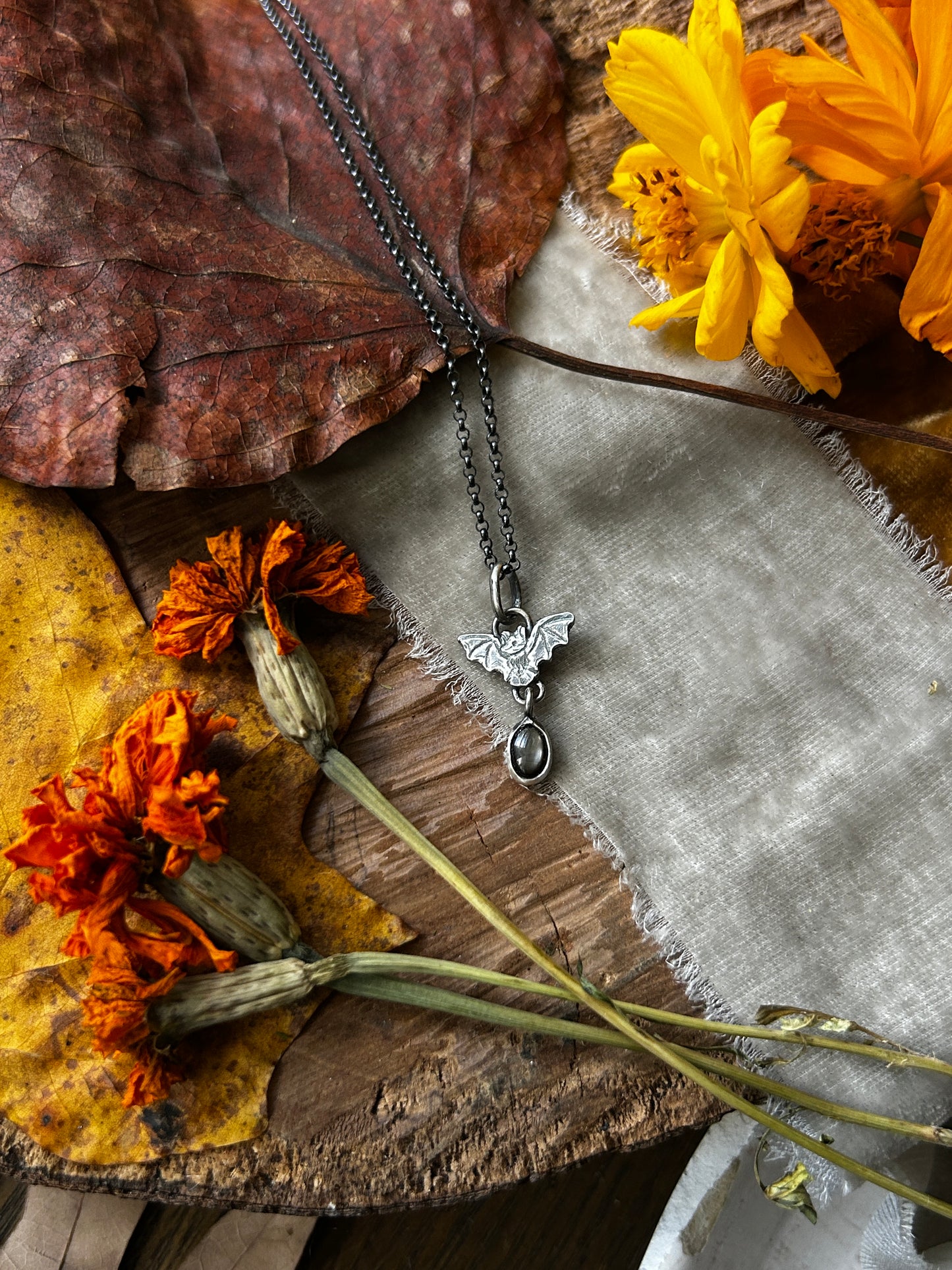 Bat Necklace with star sapphire- sterling silver jewelry- PRE ORDER