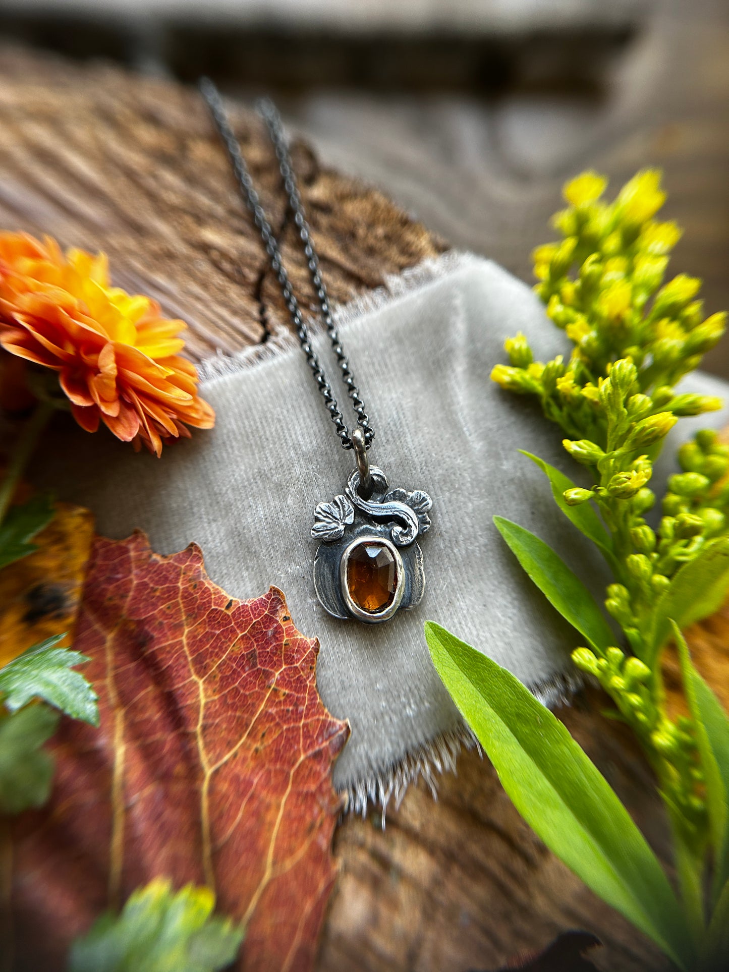 Hessonite Garnet Pumpkin necklace- sterling silver jewelry