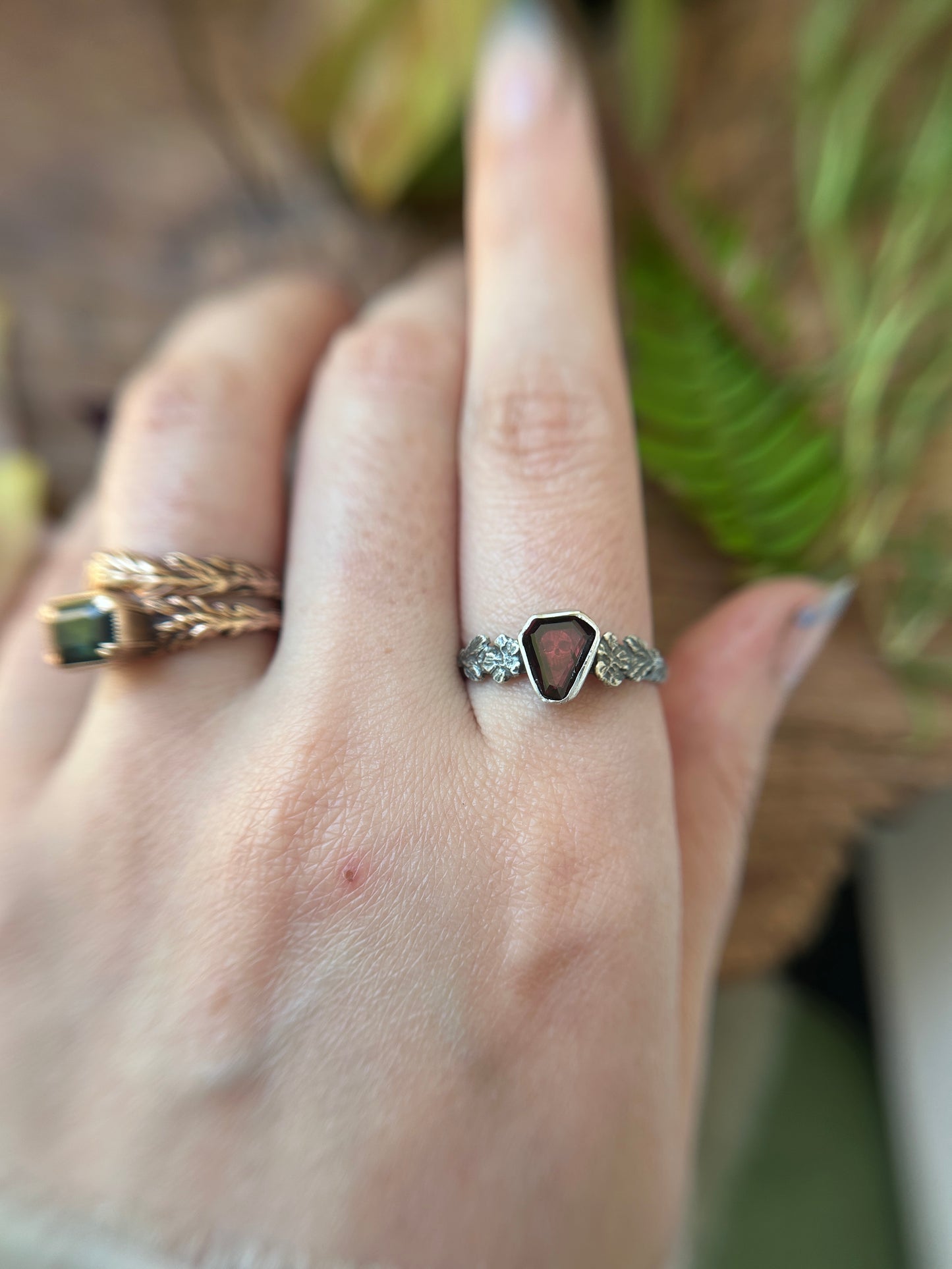 Wild roses & skull ring with portrait cut coffin garnet- Sterling silver jewelry