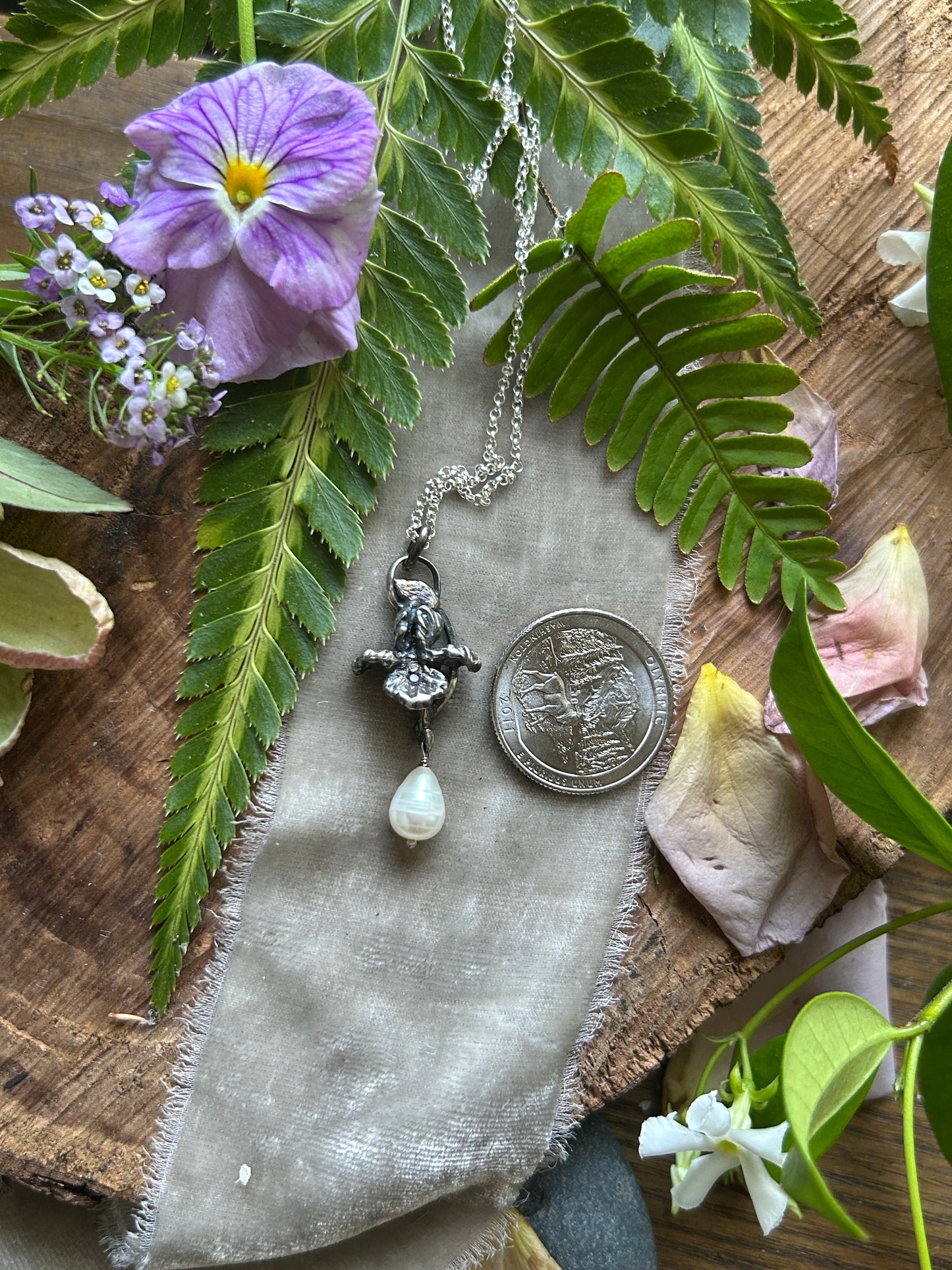 Iris with amethyst and baroque pearl drop necklace- Sterling silver jewelry