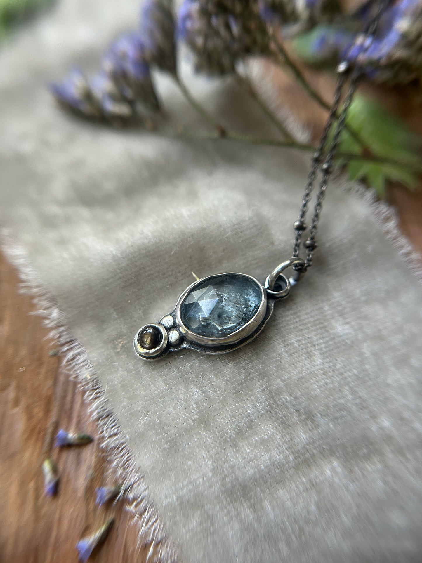 Moss Aquamarine Memento Mori Skull Necklace- sterling silver jewelry