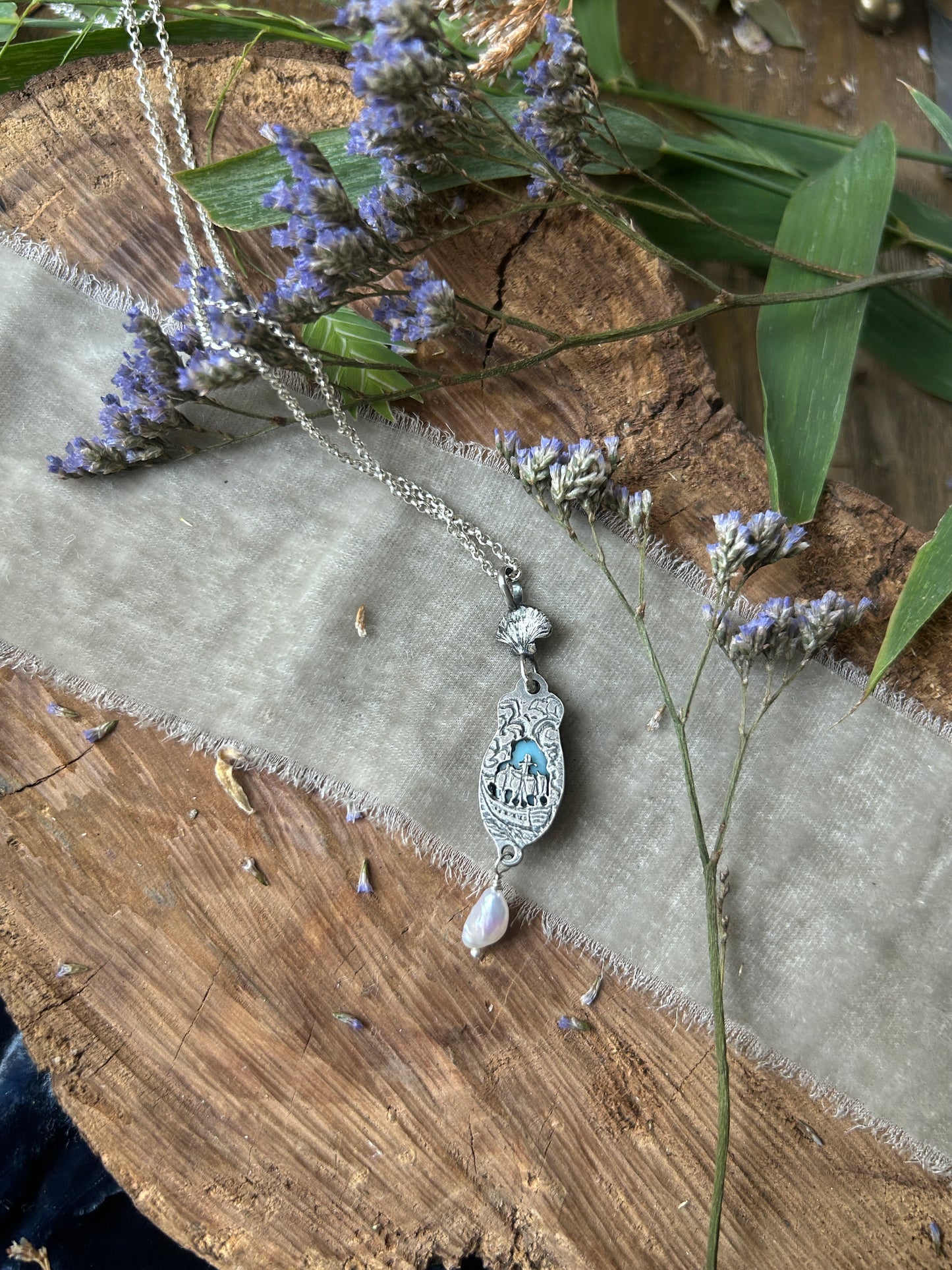 Larimar and Pearl Necklace with sailing ship- sterling silver jewelry