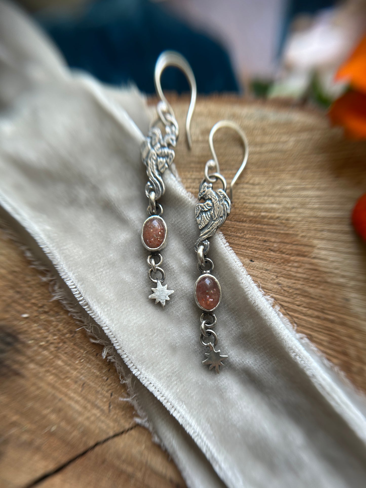 Phoenix Fire Earrings- sunstone and sterling silver jewelry