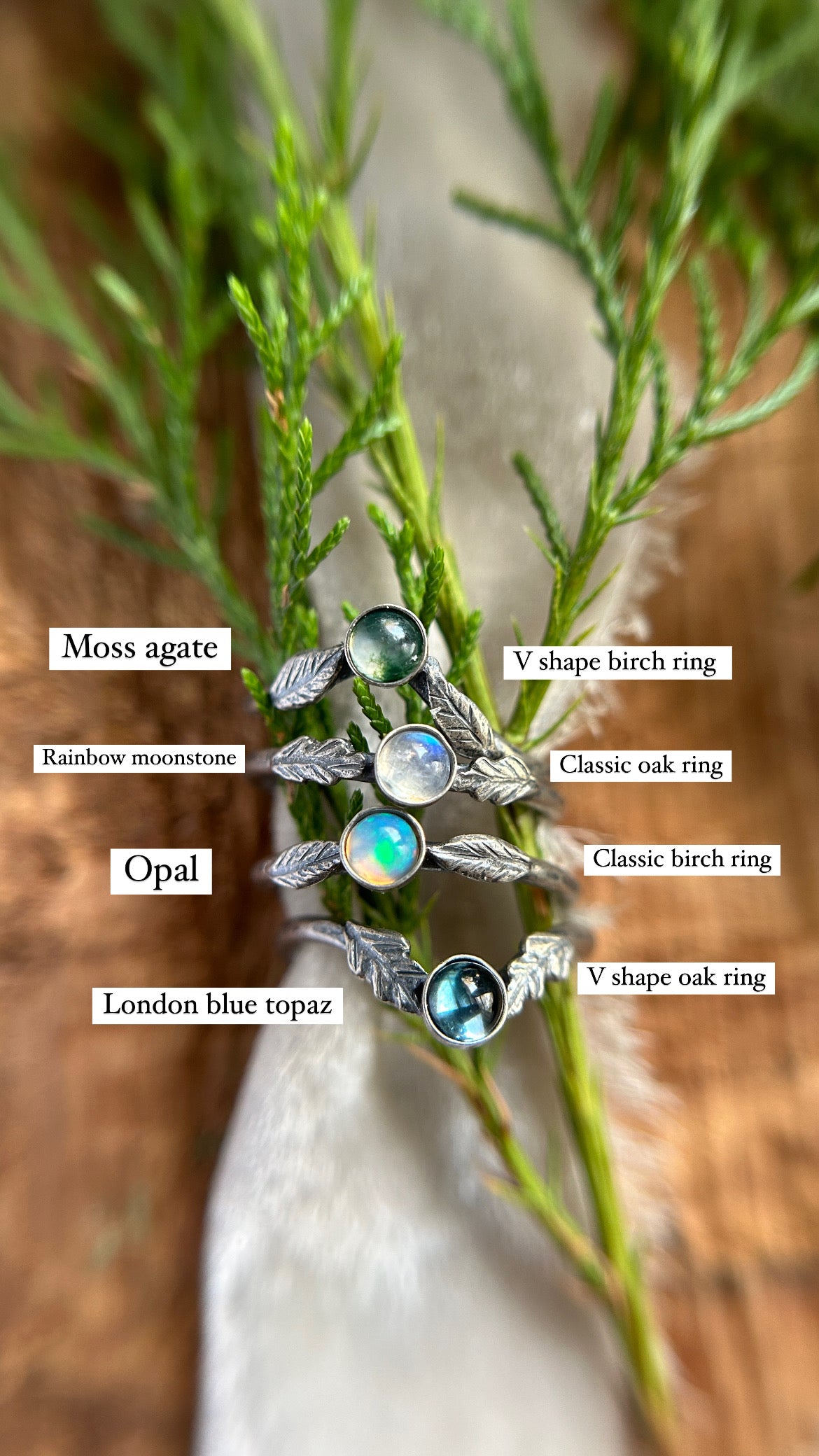 Winter woodland stacker rings- choice of gemstone, leaves, and ring size