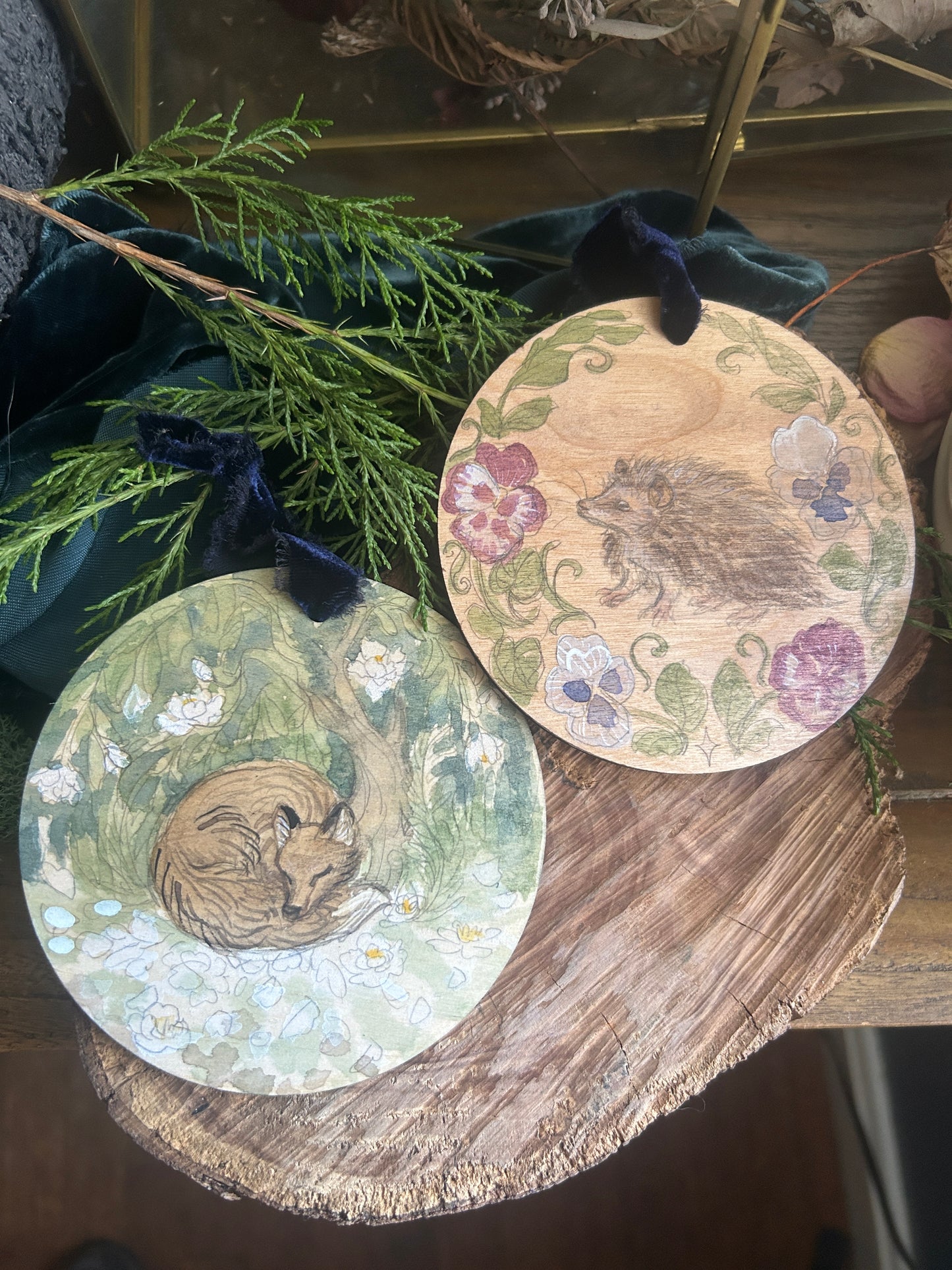 Handpainted Ornaments- watercolor on wood Woodland Creature Ornaments