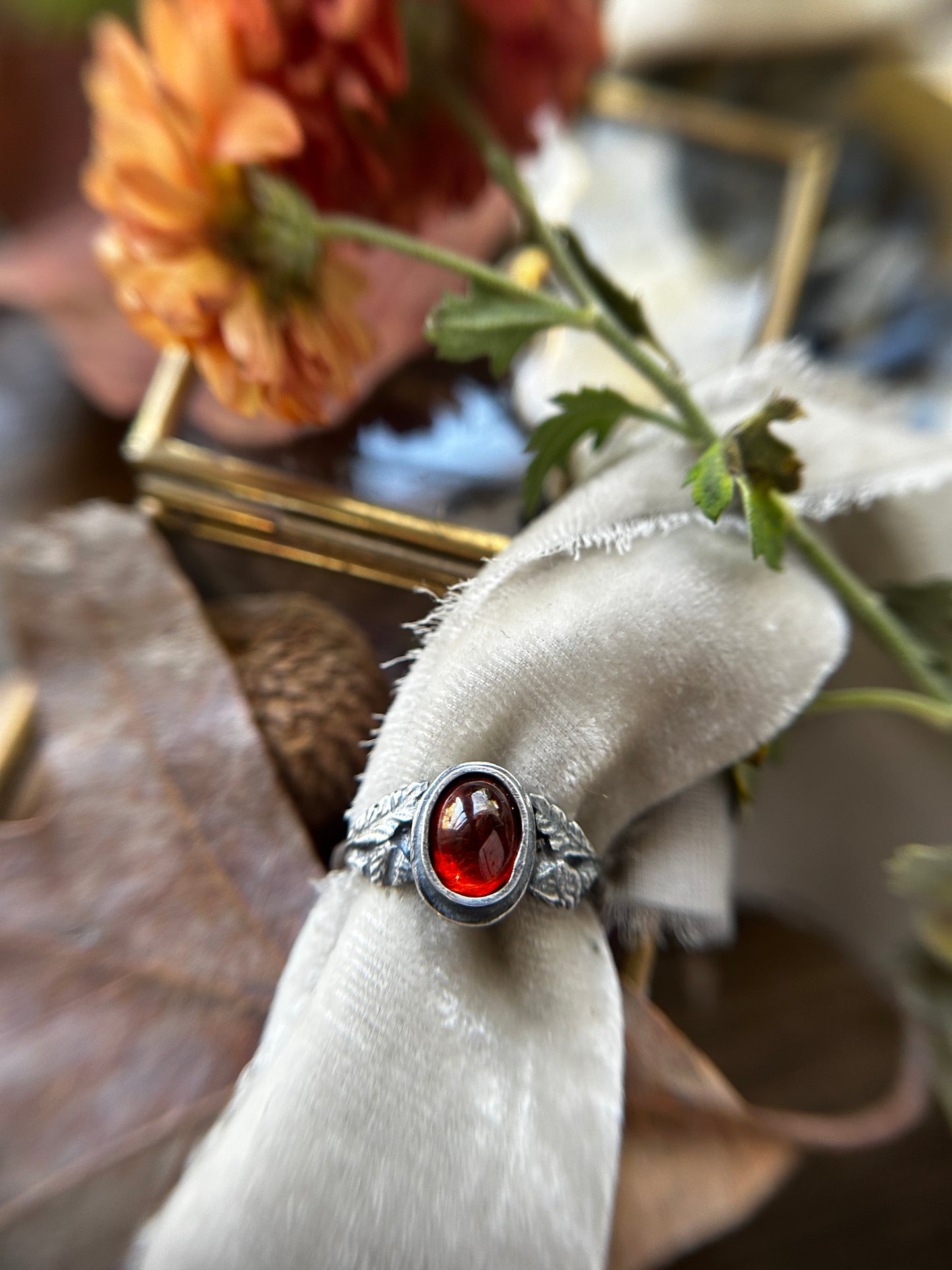 Oak and Acorn Ring in choice of zircon or hessonite garnet- sterling silver jewelry