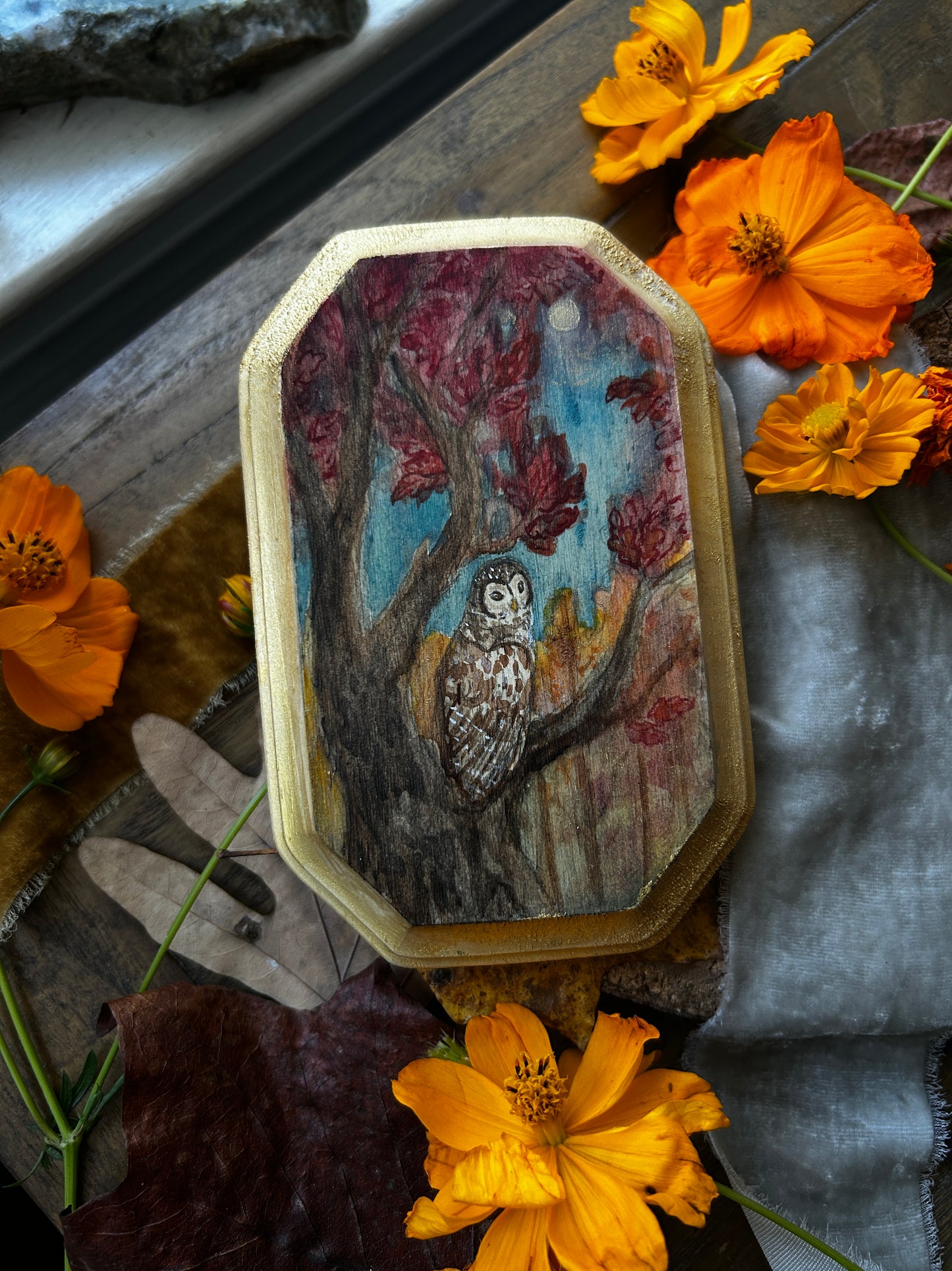 Original miniature watercolor painting on wood- ready to display art- deer fawn, barred owls, crows, autumn forest, goldenrod, blackberry bramble