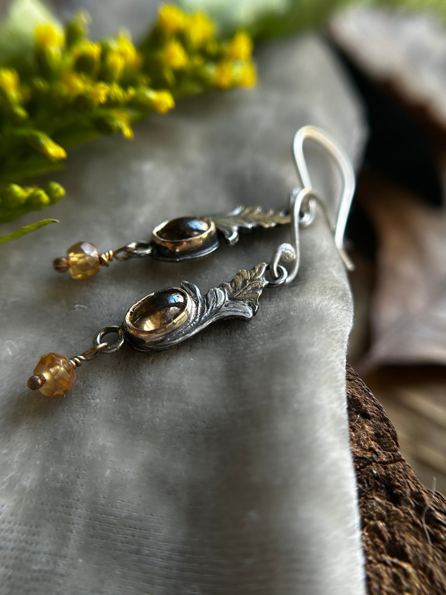 Goldenrod Earrings with Imperial Topaz and Hessonite Garnet- Brass and sterling silver jewelry