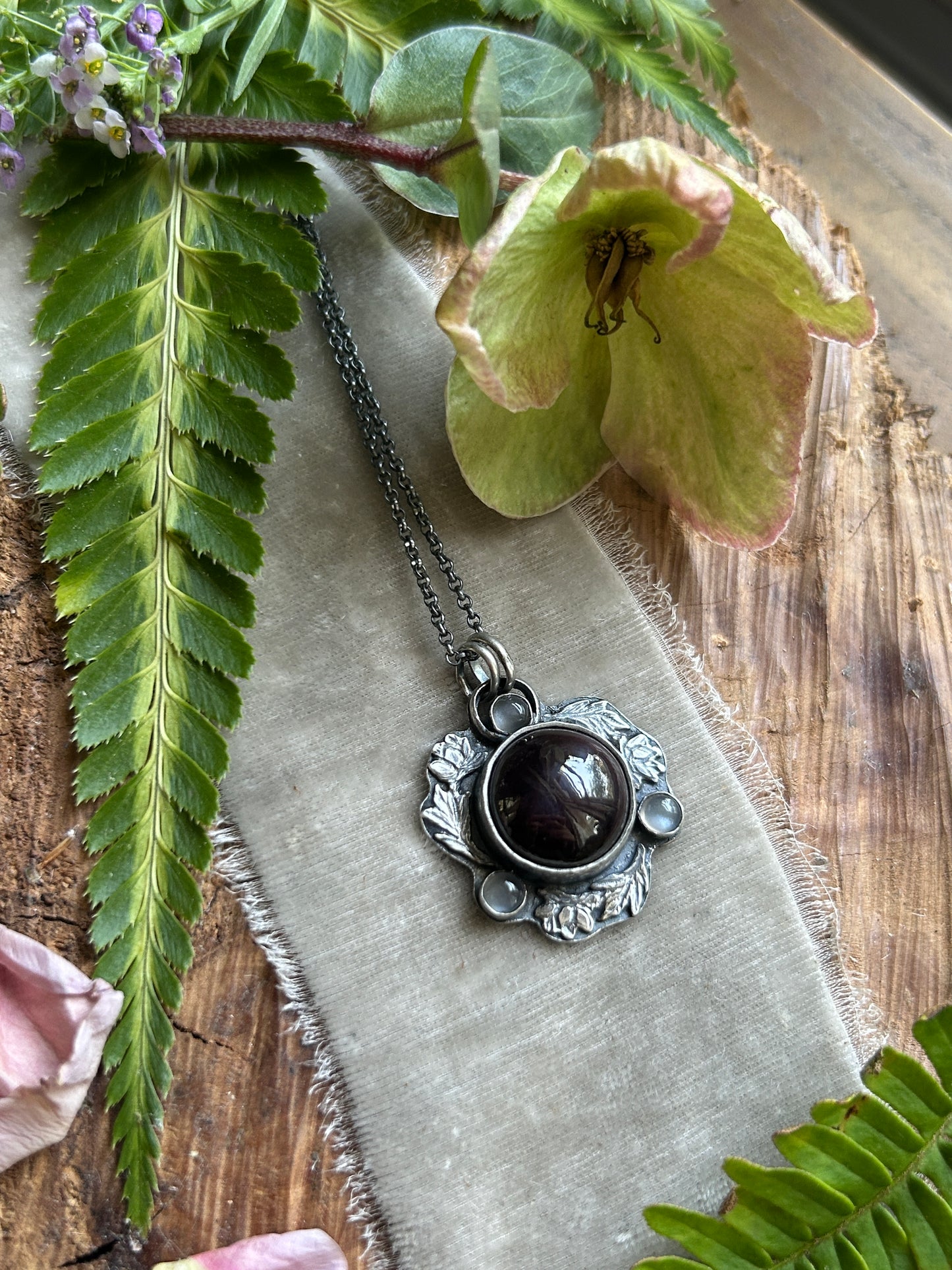 Star garnet and grey moonstone hellebore flower necklace- Sterling silver jewelry
