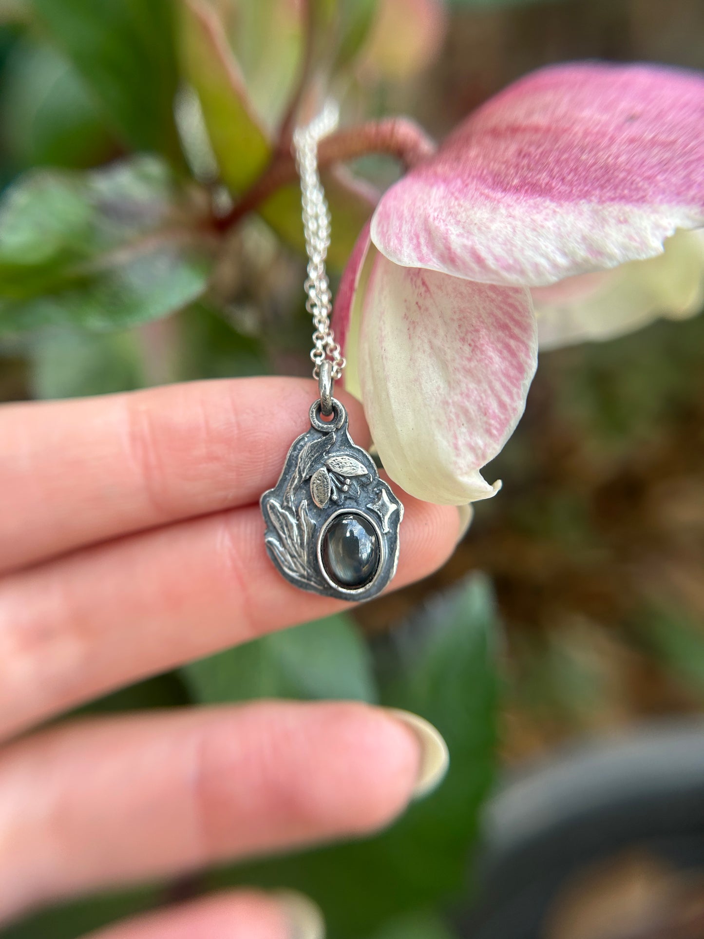 Hellebore with Black Star Sapphire Necklace- sterling silver