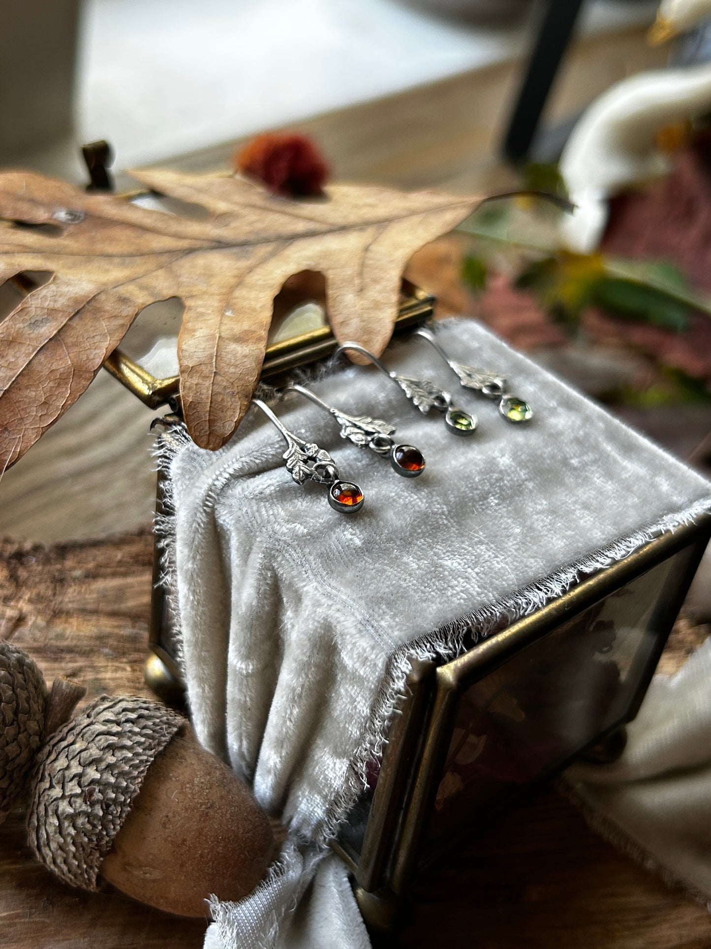 Oak leaf and Acorn Earrings- Sterling silver jewelry with gemstone charm