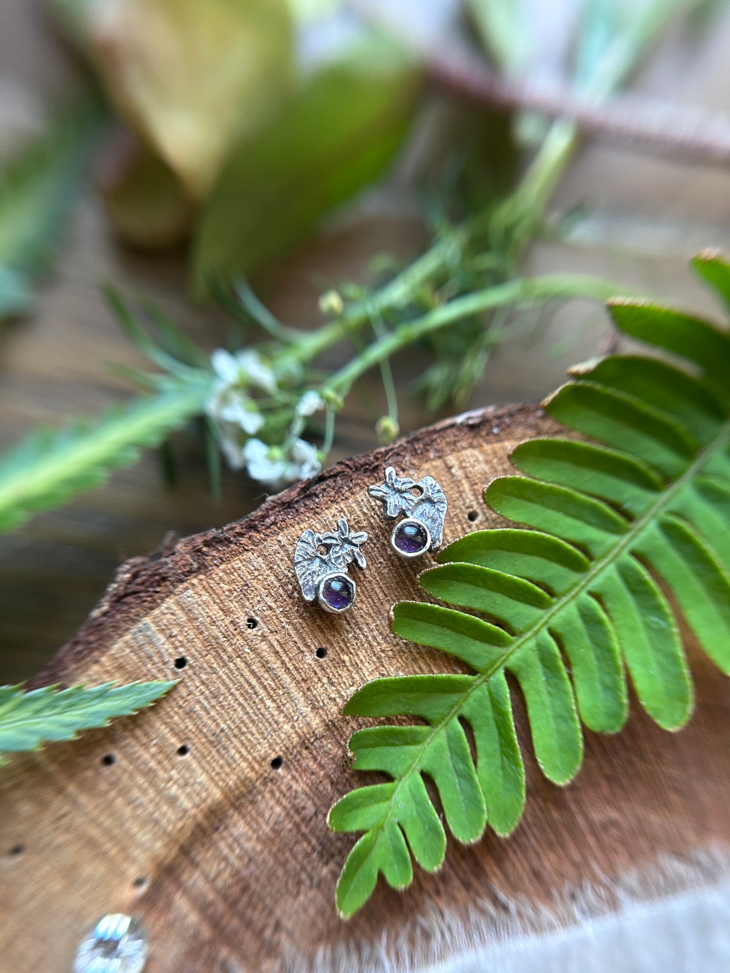 Wild violet post earrings with amethyst- Sterling silver jewelry