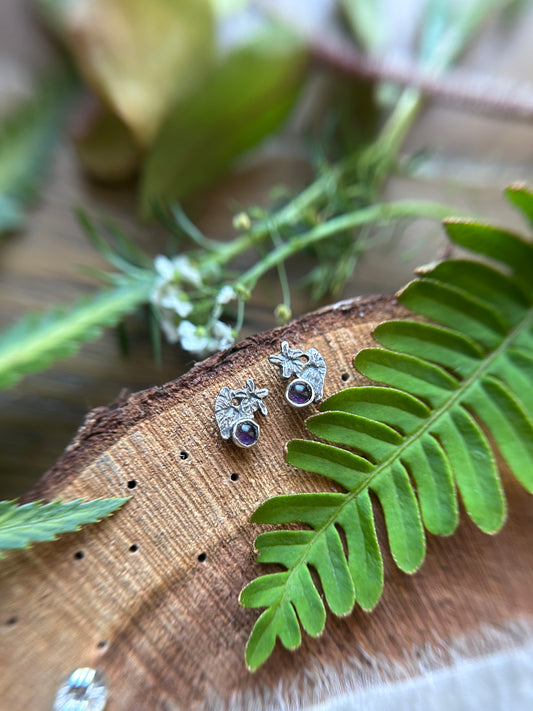 Wild violet post earrings with amethyst- Sterling silver jewelry