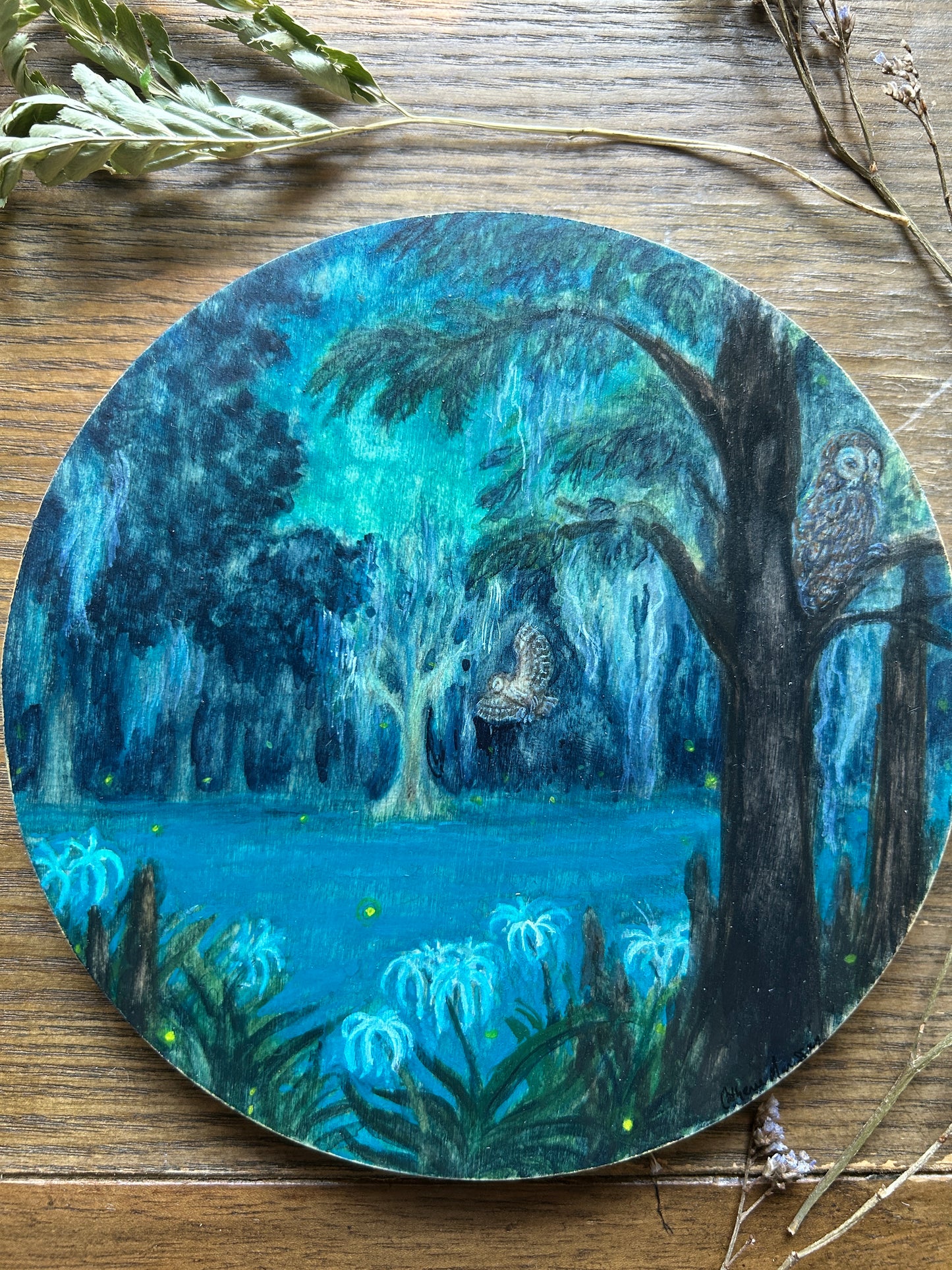 Night Ghosts of the Swamp- original round watercolor painting on wood nature owls and swamp lilies