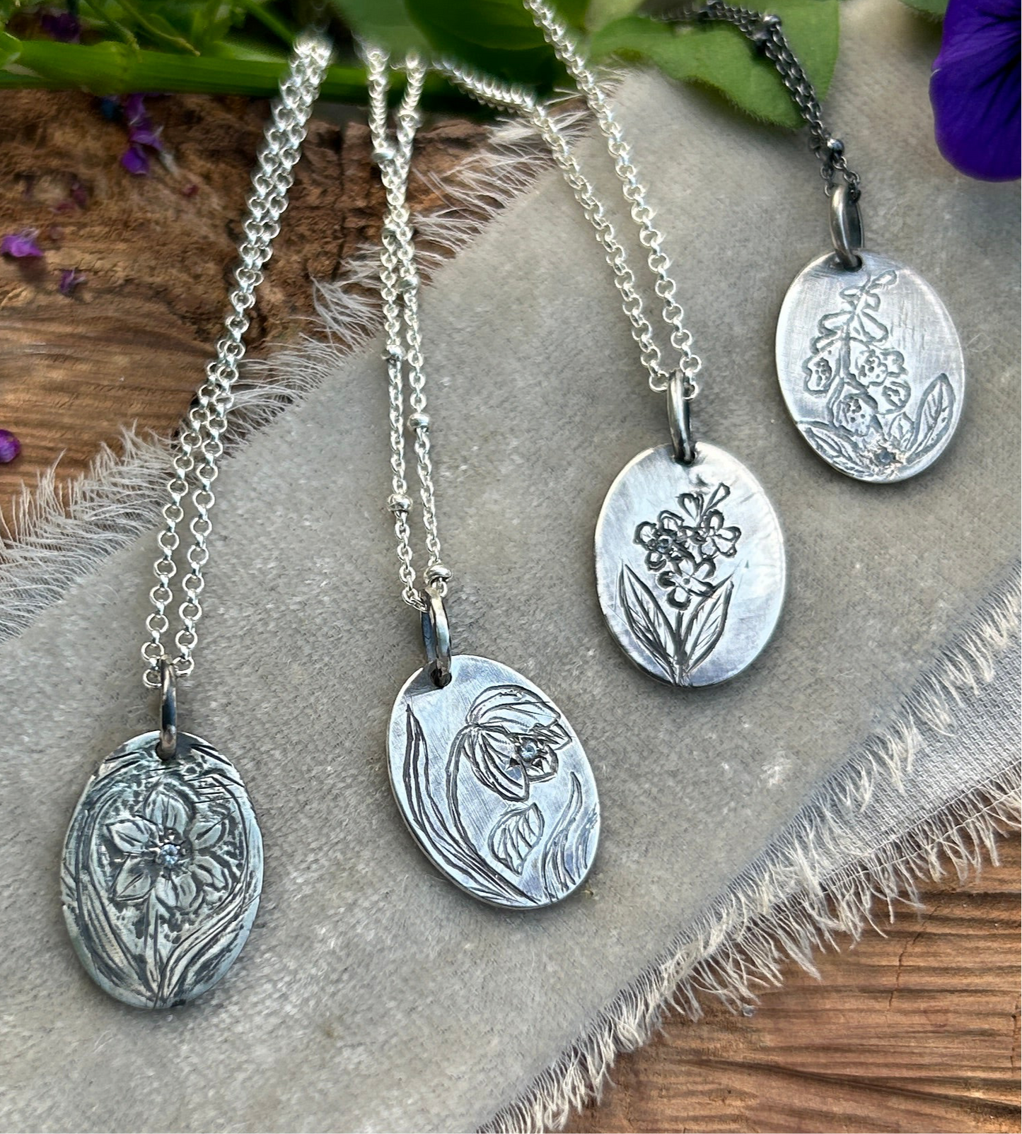 Engraved plant pendant with white sapphire necklace- sterling silver jewelry