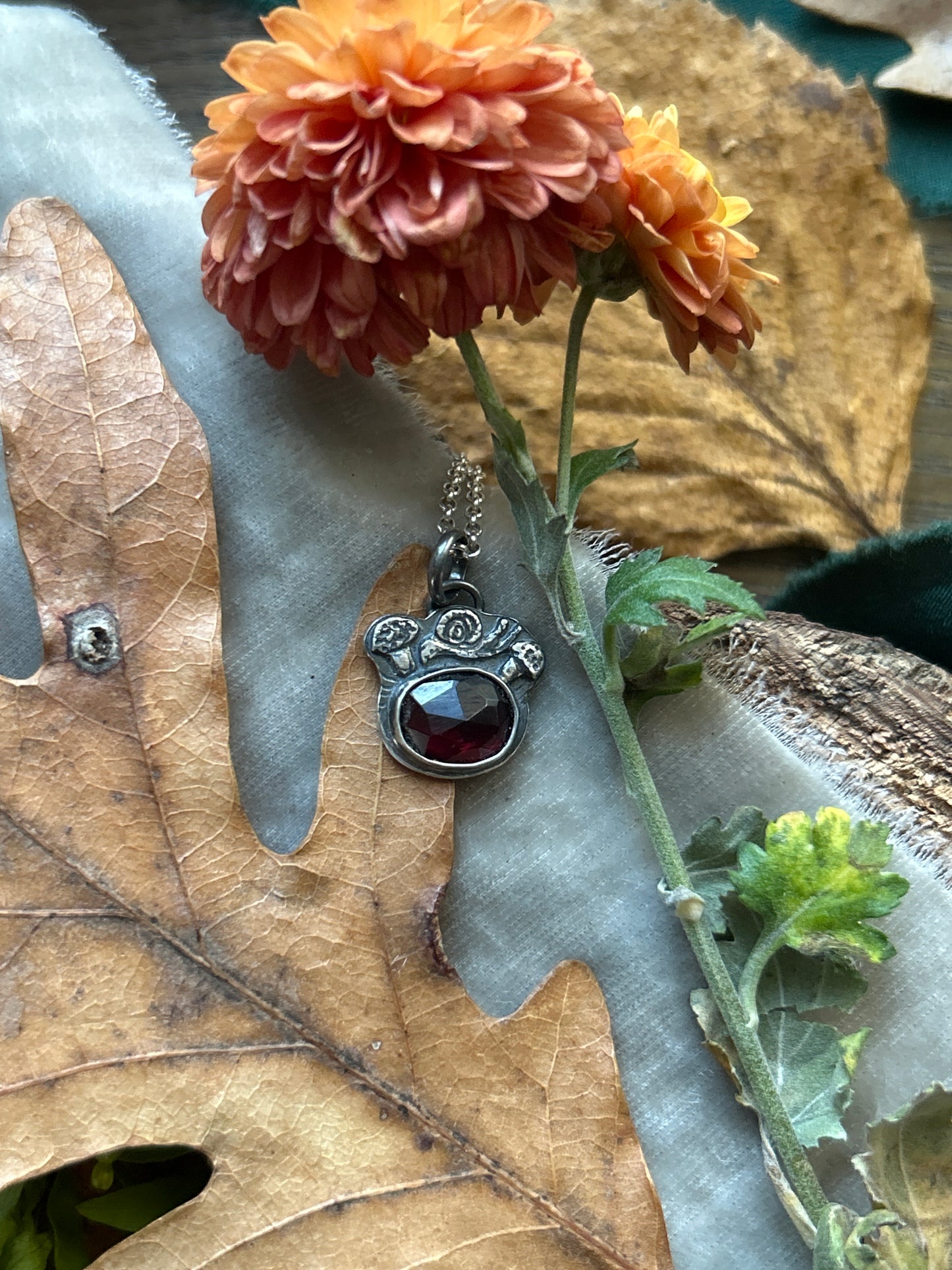 Mushroom Snail with Garnet Necklace- Sterling silver jewelry