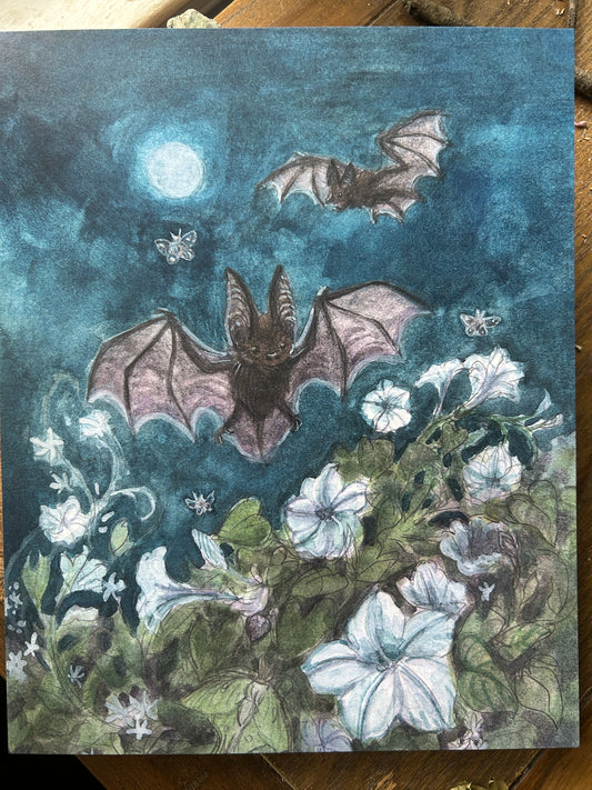 Art print-moonlit garden among bats & moths with moonflowers and star jasmine- 8x10 inches watercolor print