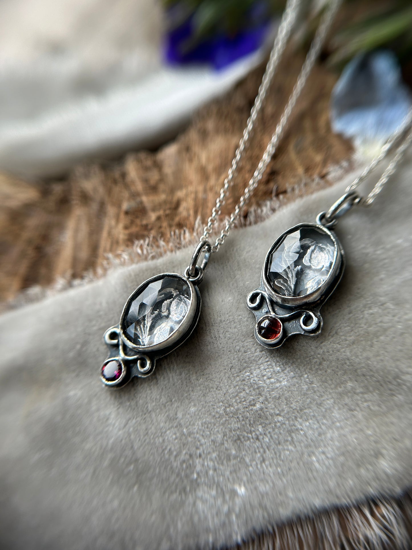 "mini" enchanted rose under quartz with garnet- sterling silver necklace