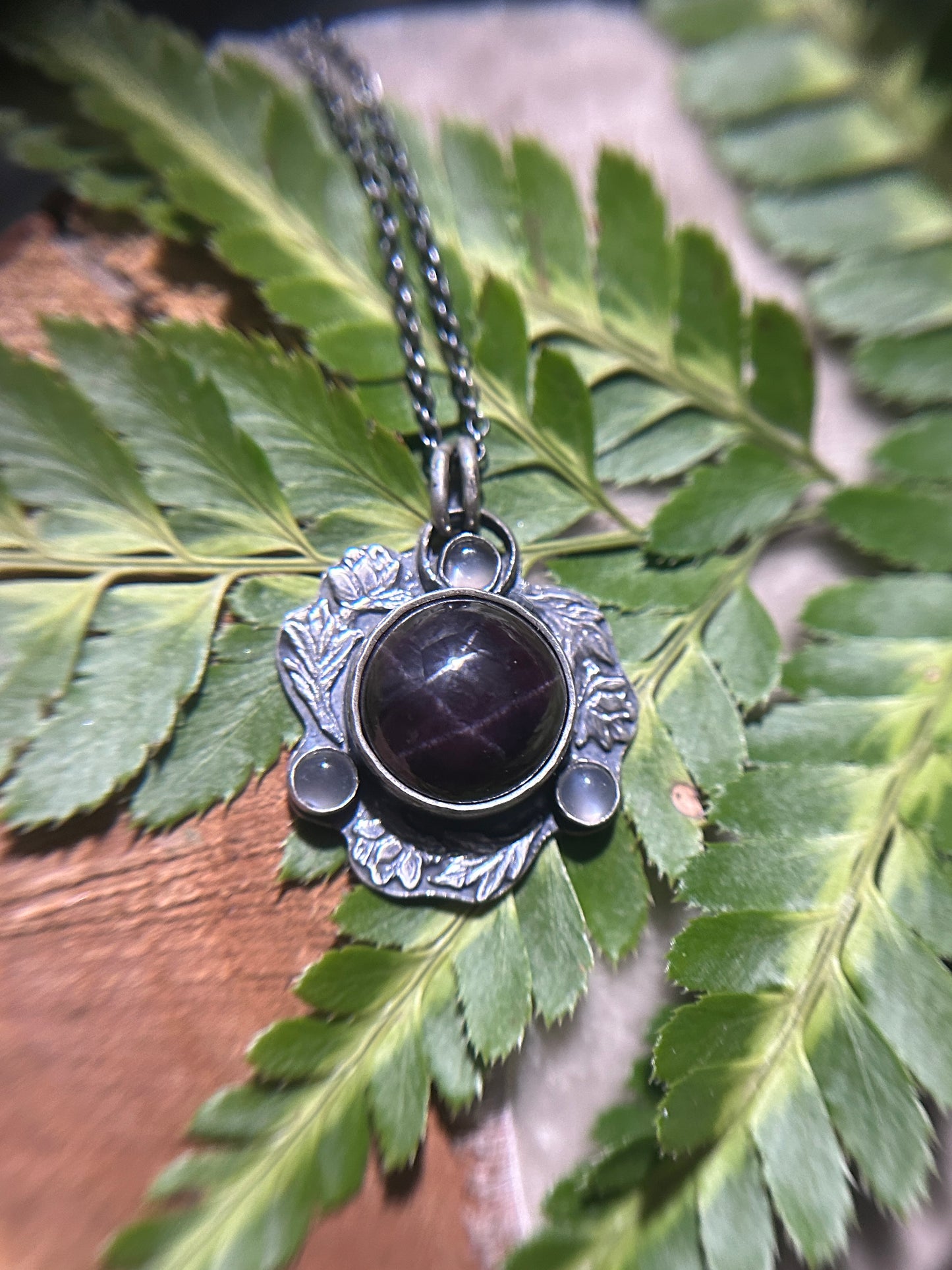 Star garnet and grey moonstone hellebore flower necklace- Sterling silver jewelry