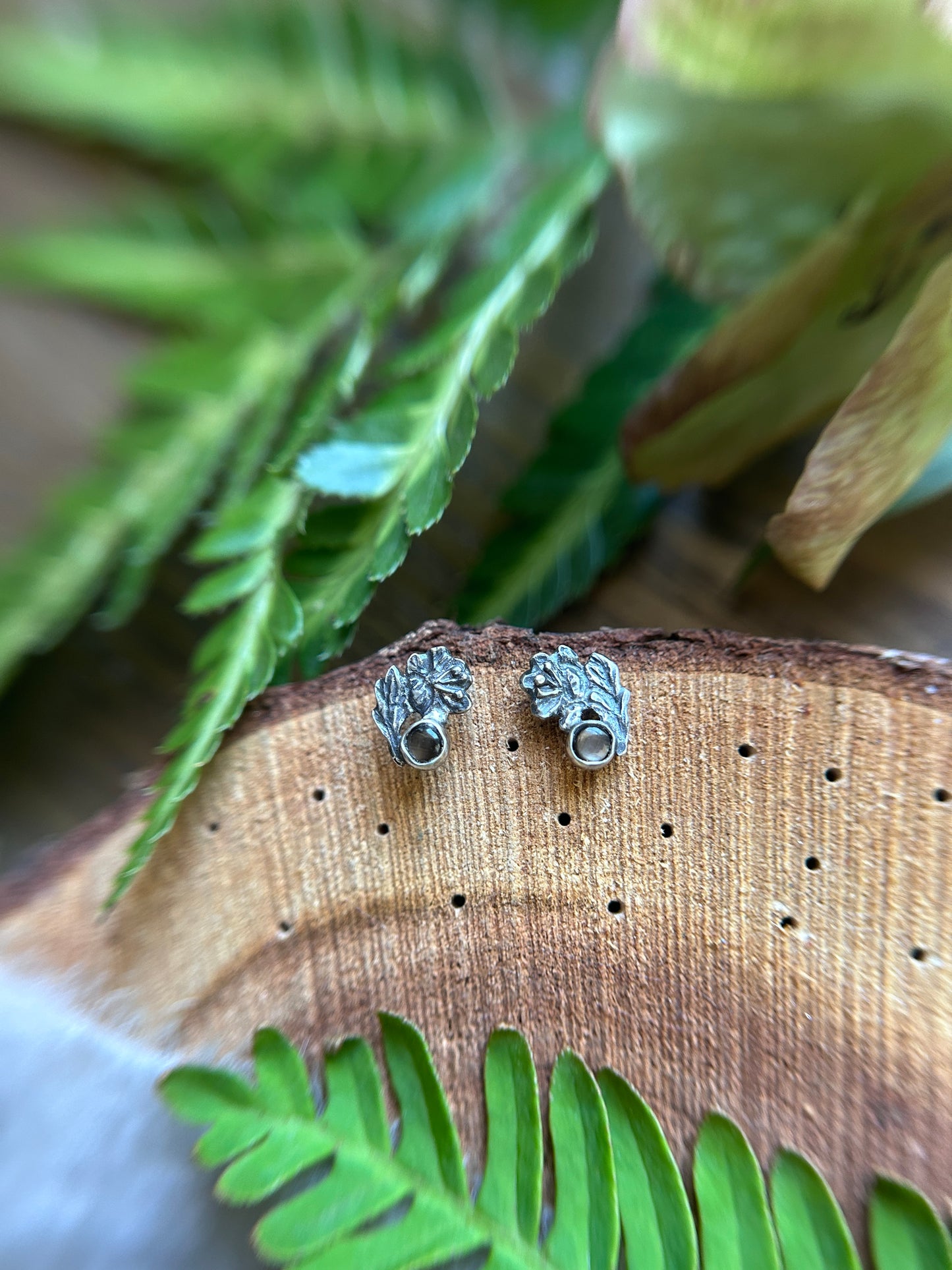 Hellebore flower post earrings with black star sapphire- Sterling silver jewelry