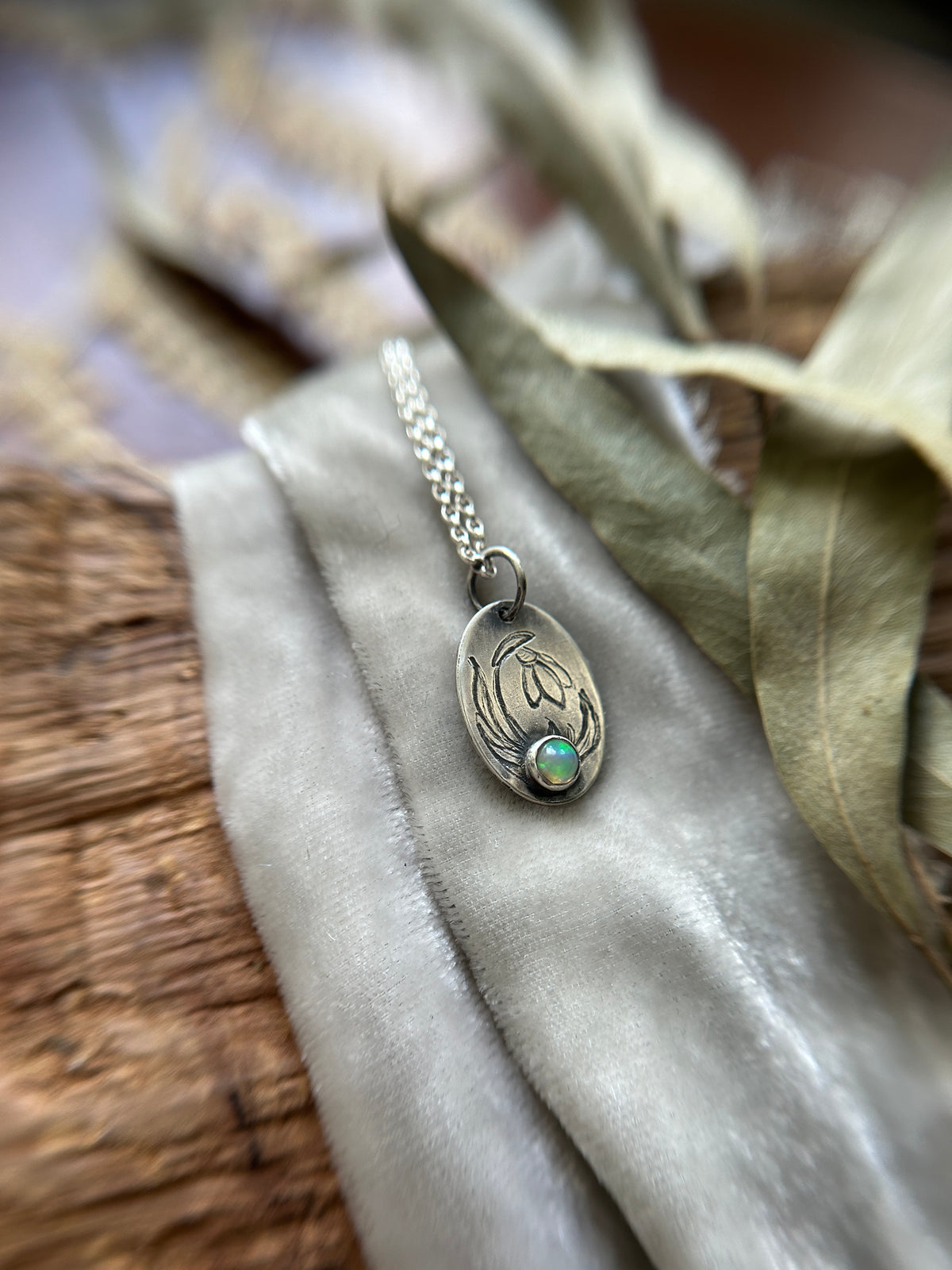Snowdrop with Opal Necklace- sterling silver jewelry