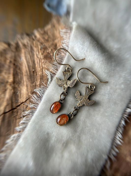 Sunstone Sparrows Brass Earrings with Gold fill wire hooks -not sterling silver jewelry