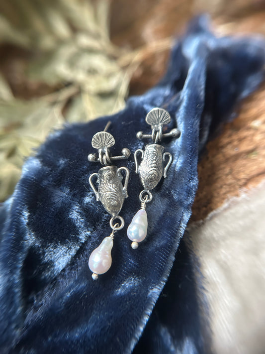 Urn of the Sea Earrings- baroque pearl drop sterling silver jewelry
