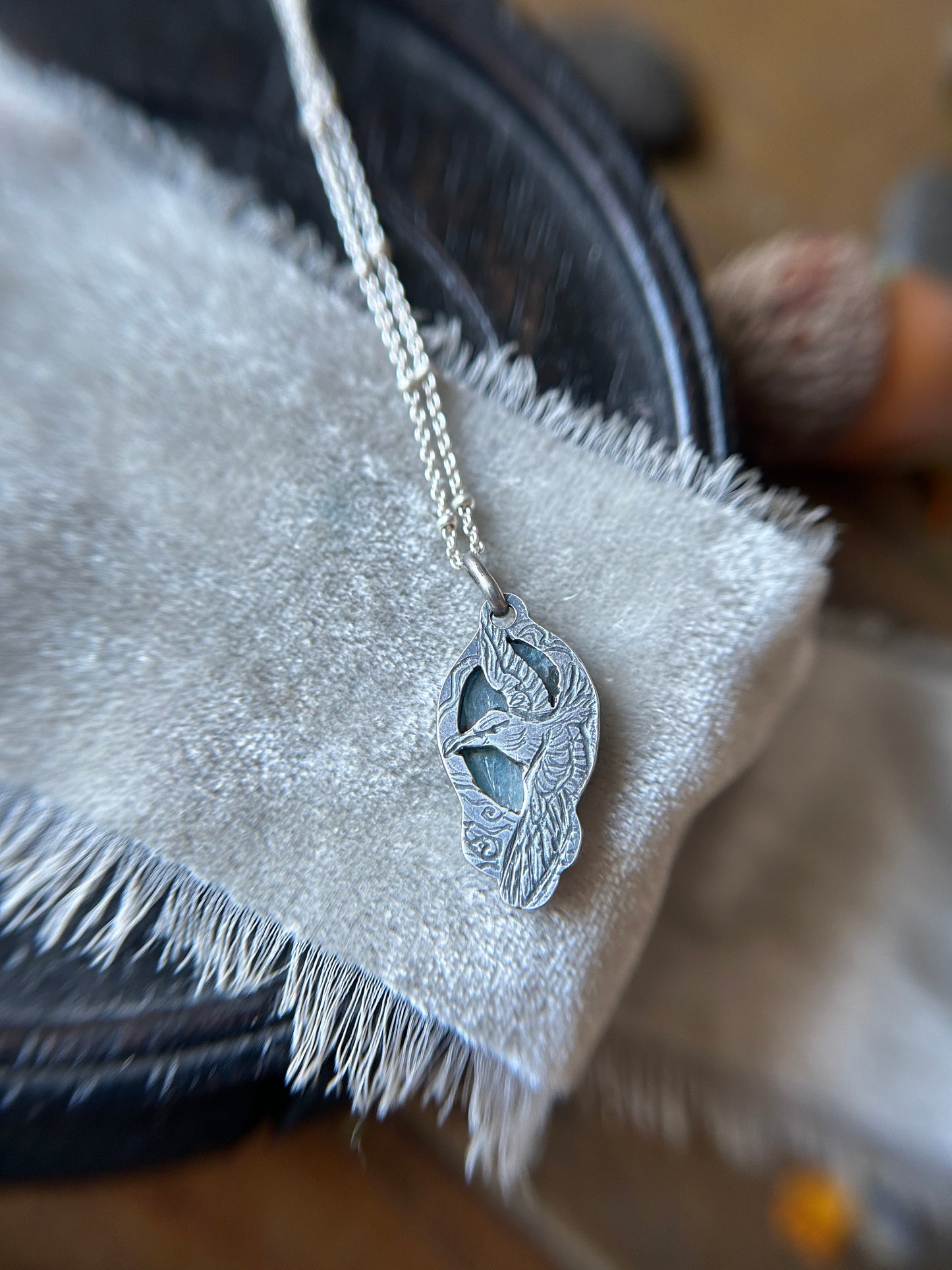 Aqua Kyanite with triskelle spirals and albatross- sterling silver necklace metalsmith made