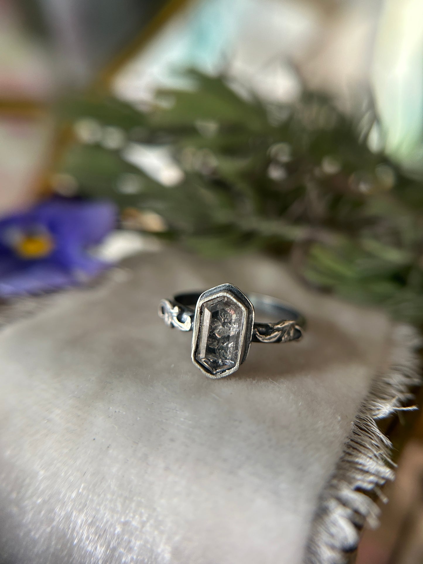 Pansy flower under quartz hexagon- sterling silver ring with swirl sprigs