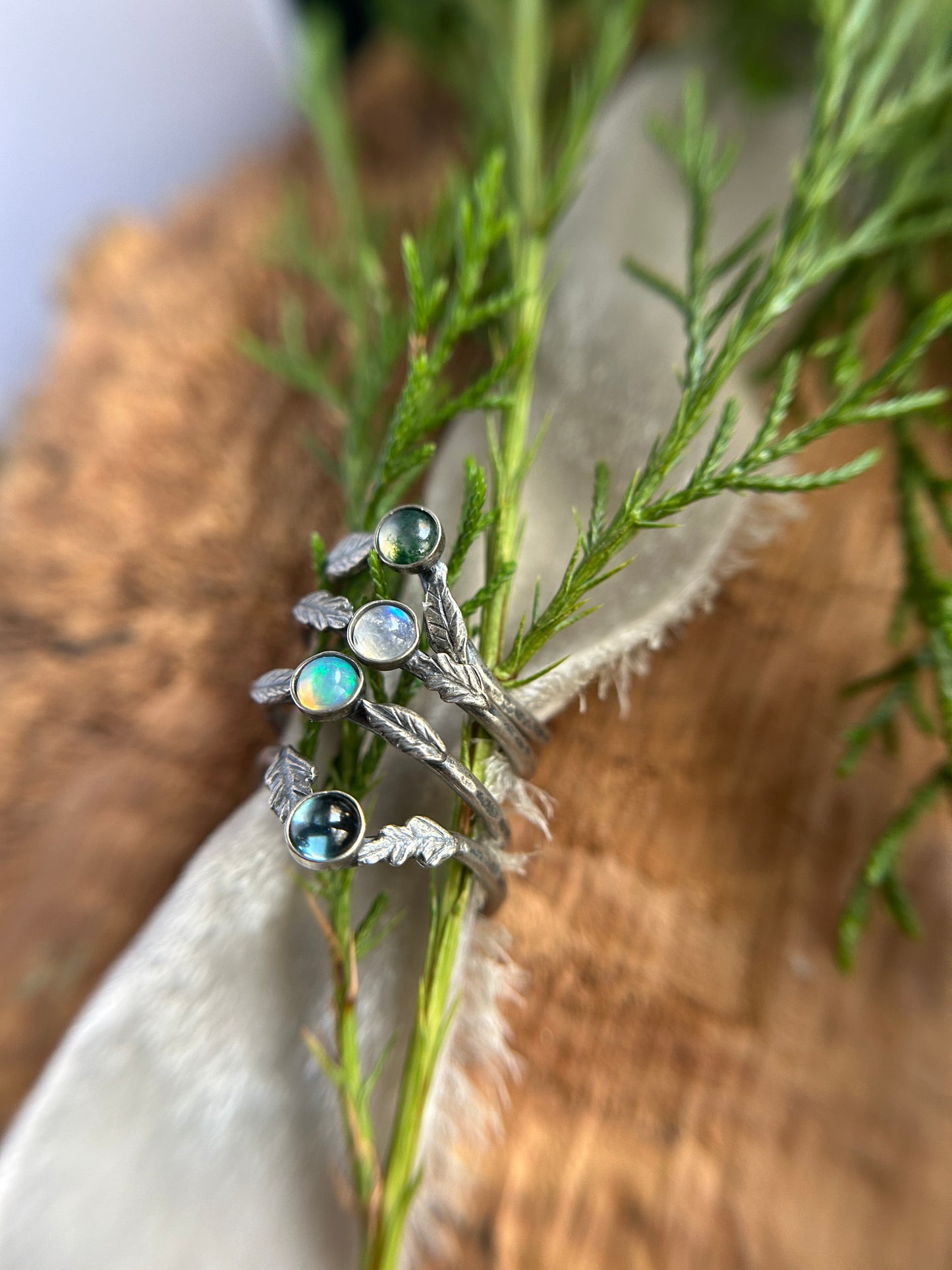 Winter woodland stacker rings- choice of gemstone, leaves, and ring size