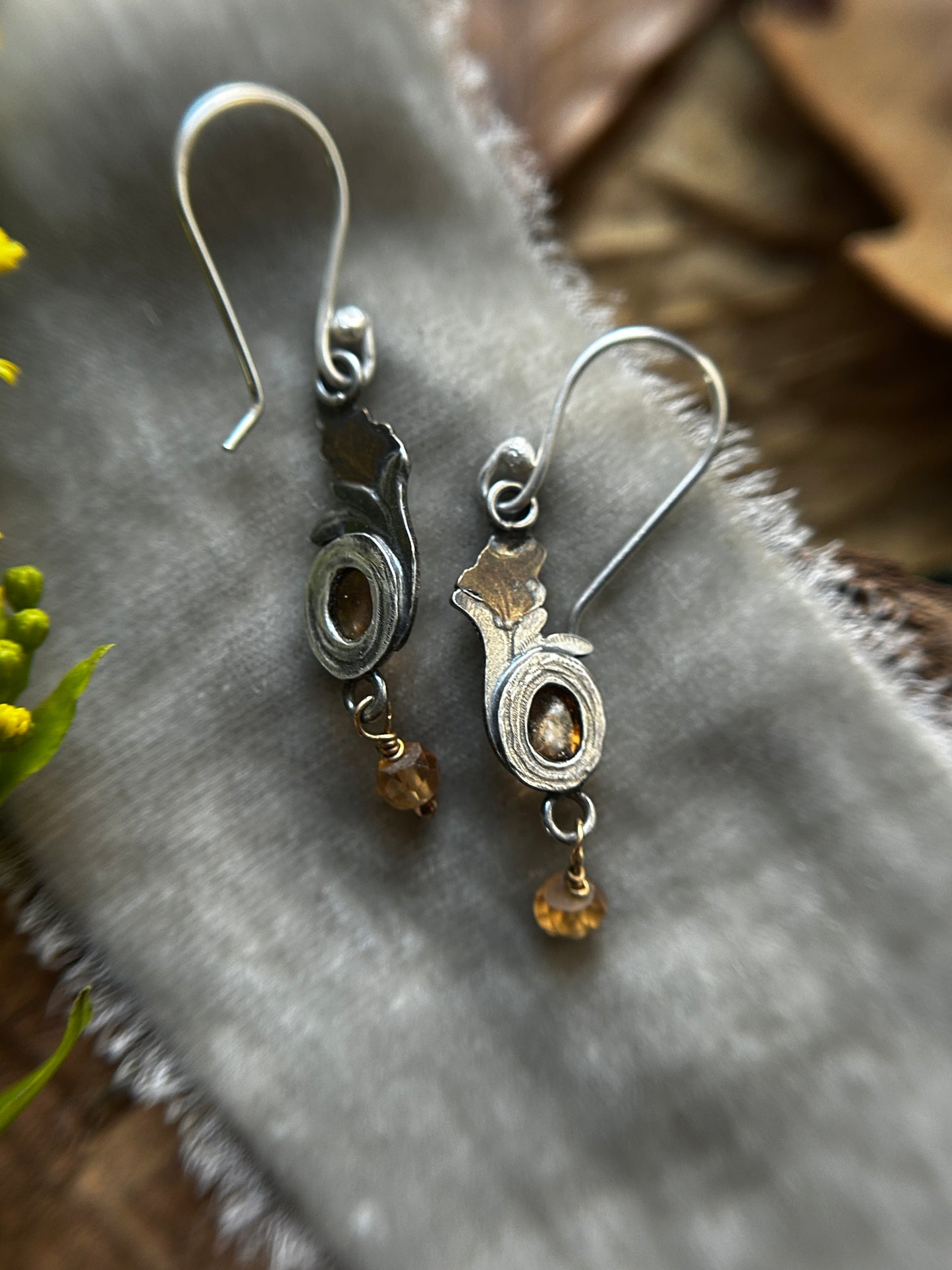 Goldenrod Earrings with Imperial Topaz and Hessonite Garnet- Brass and sterling silver jewelry