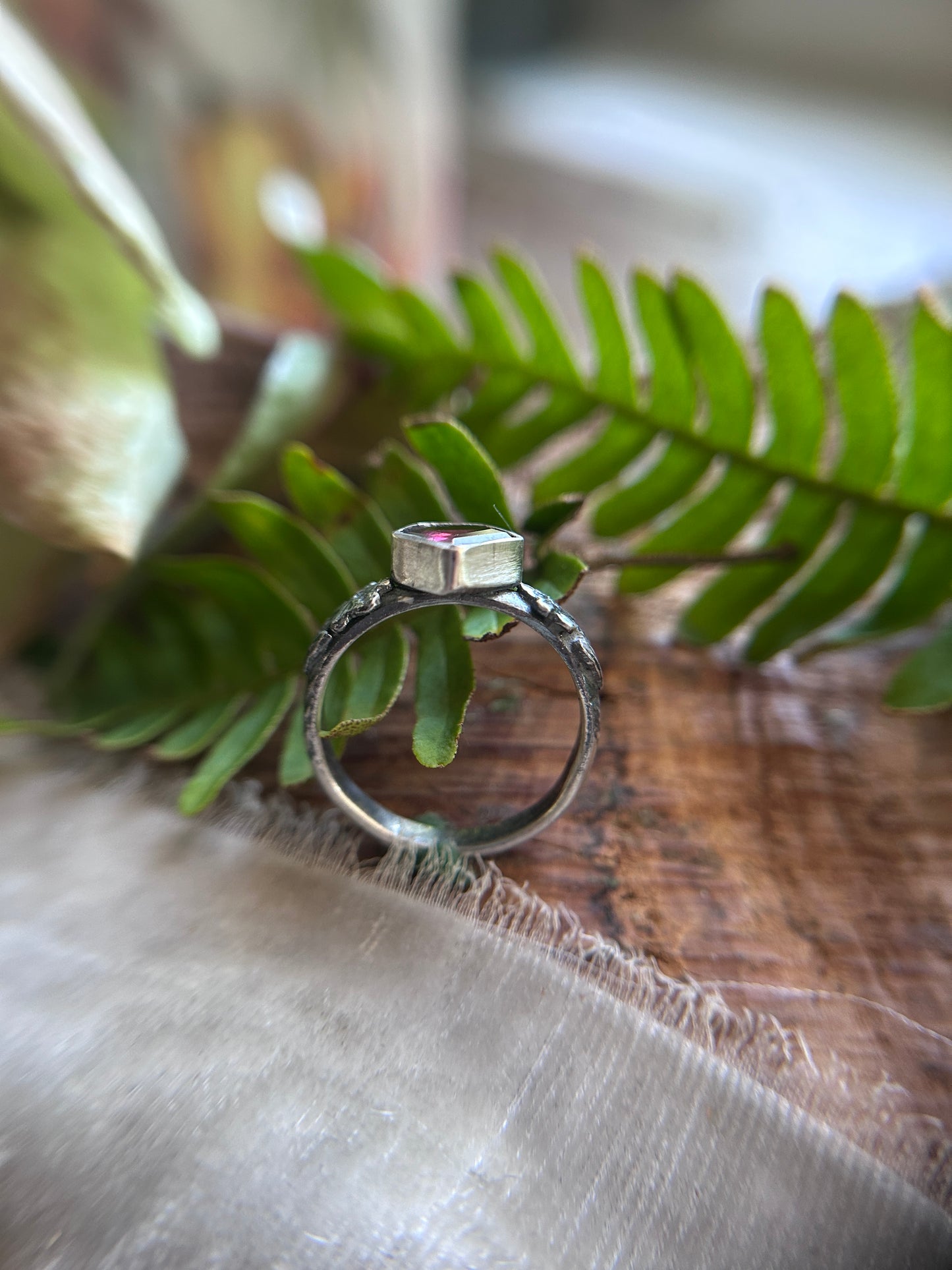 Azalea flowers and skull ring with portrait cut shield shaped rhodolite garnet- Sterling silver jewelry